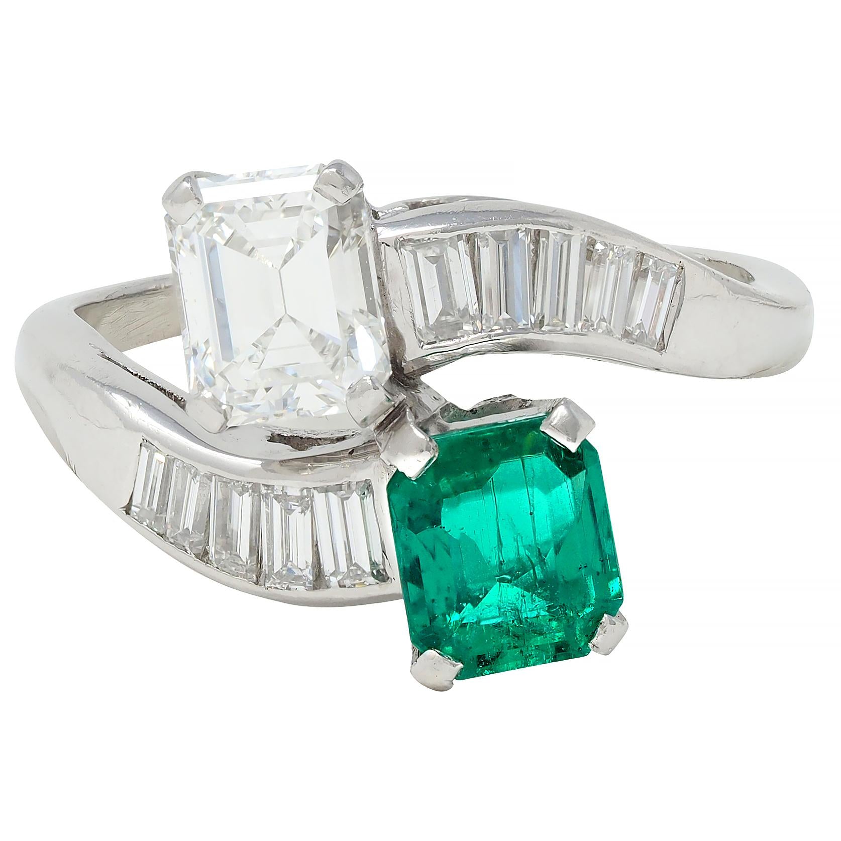 1980's Emerald Diamond Platinum Vintage Toi-Et-Moi Bypass Engagement Ring