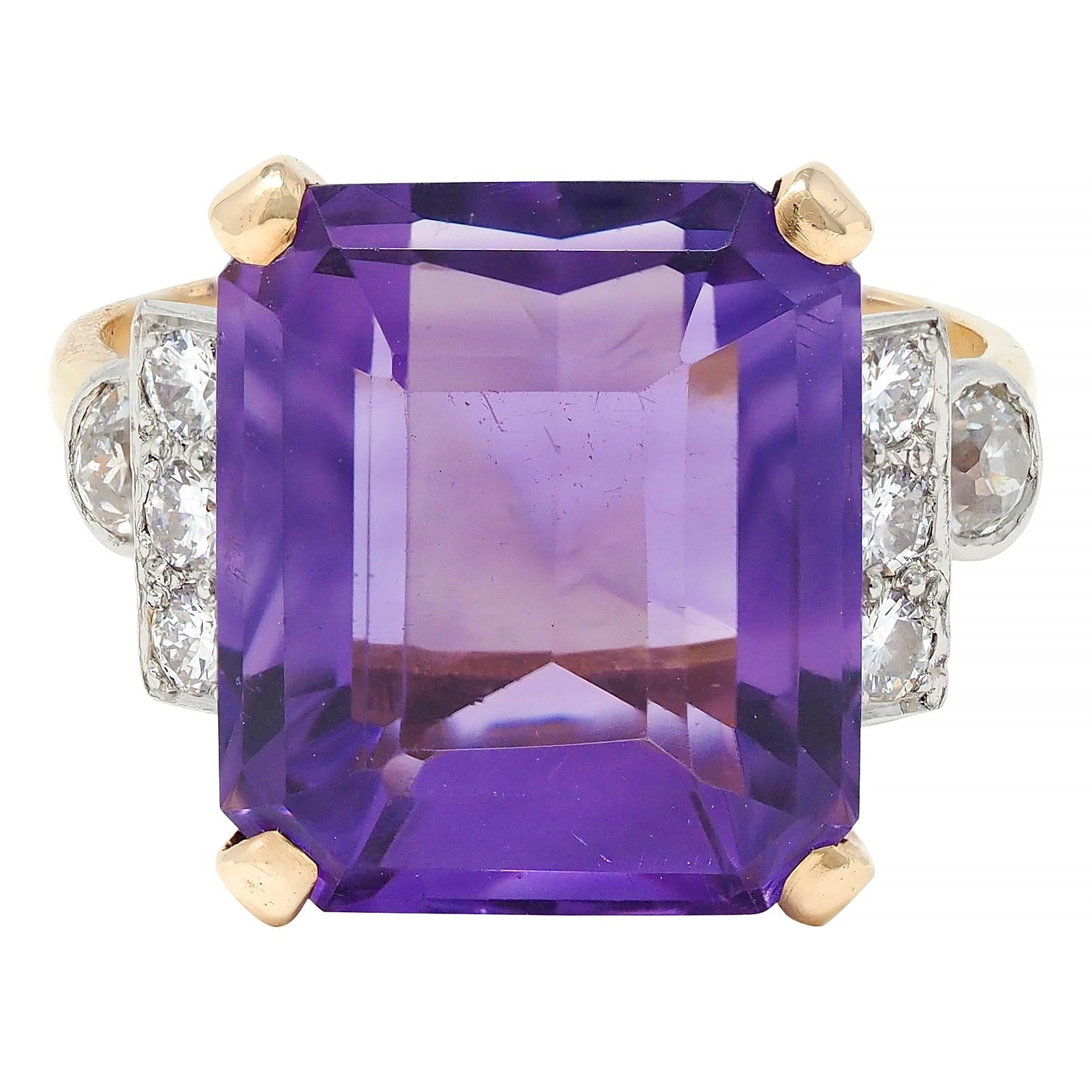 Retro 10.22 CTW Amethyst Diamond Platinum 14 Karat Gold Vintage Cocktail Ring