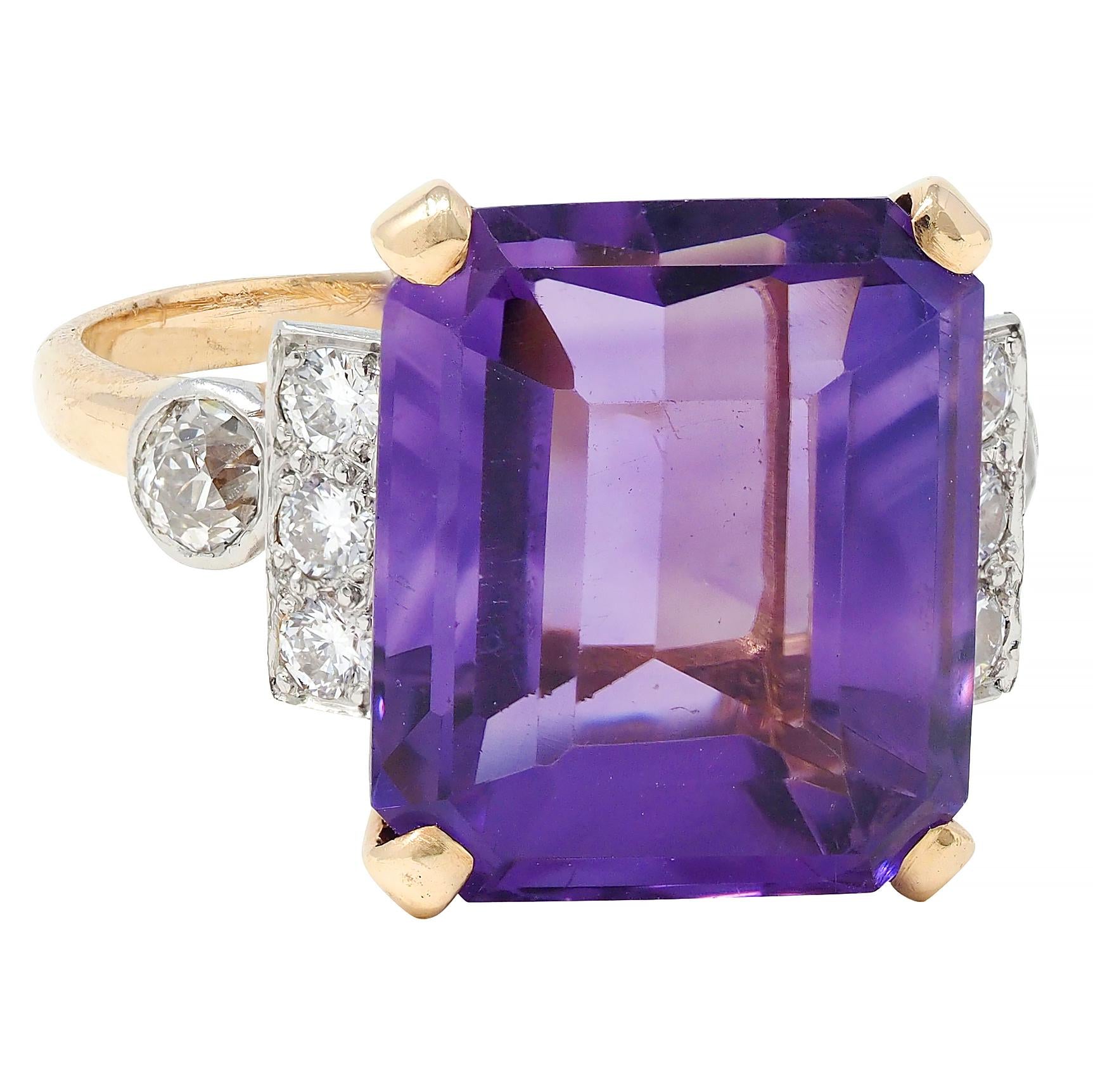 Retro 10.22 CTW Amethyst Diamond Platinum 14 Karat Gold Vintage Cocktail Ring