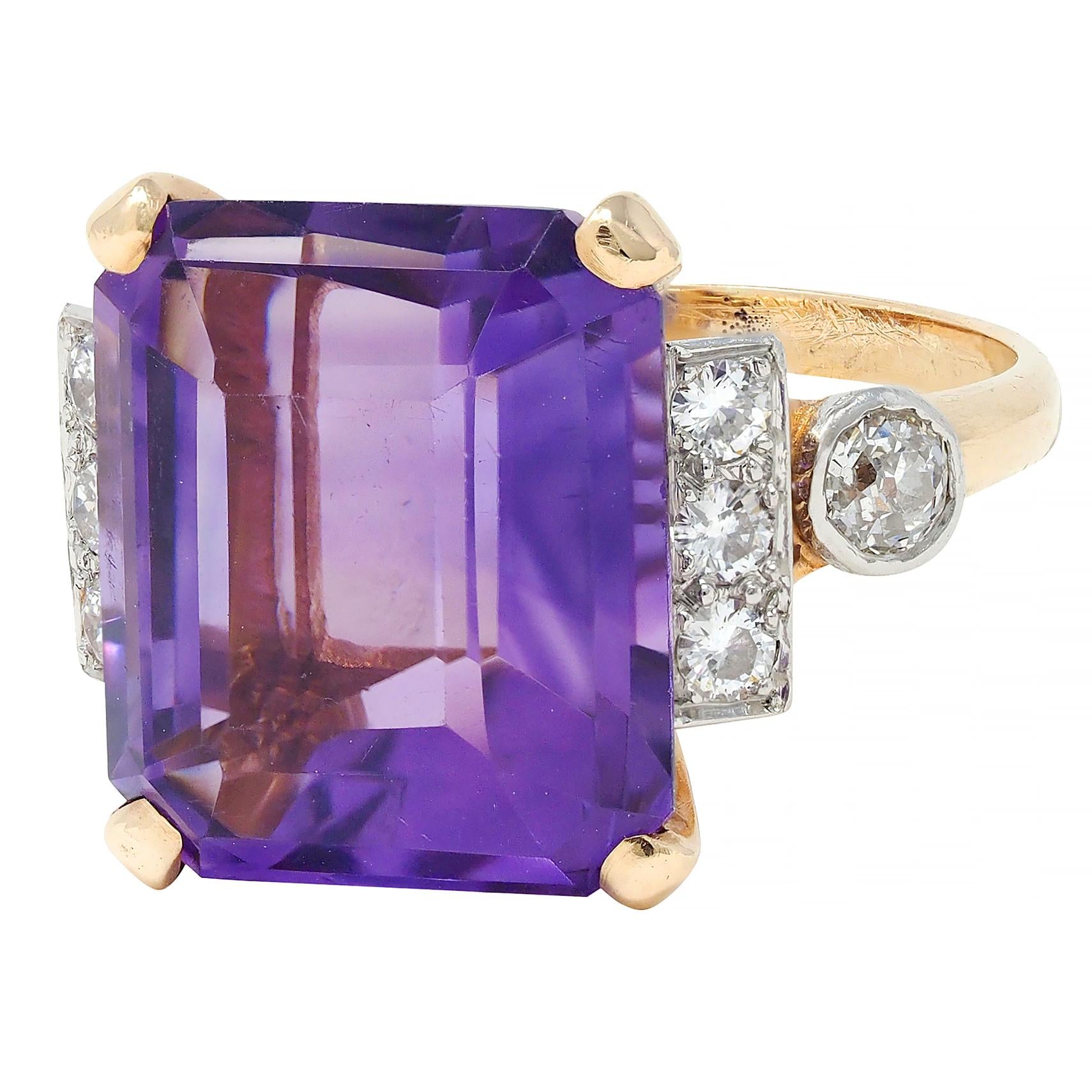 Retro 10.22 CTW Amethyst Diamond Platinum 14 Karat Gold Vintage Cocktail Ring