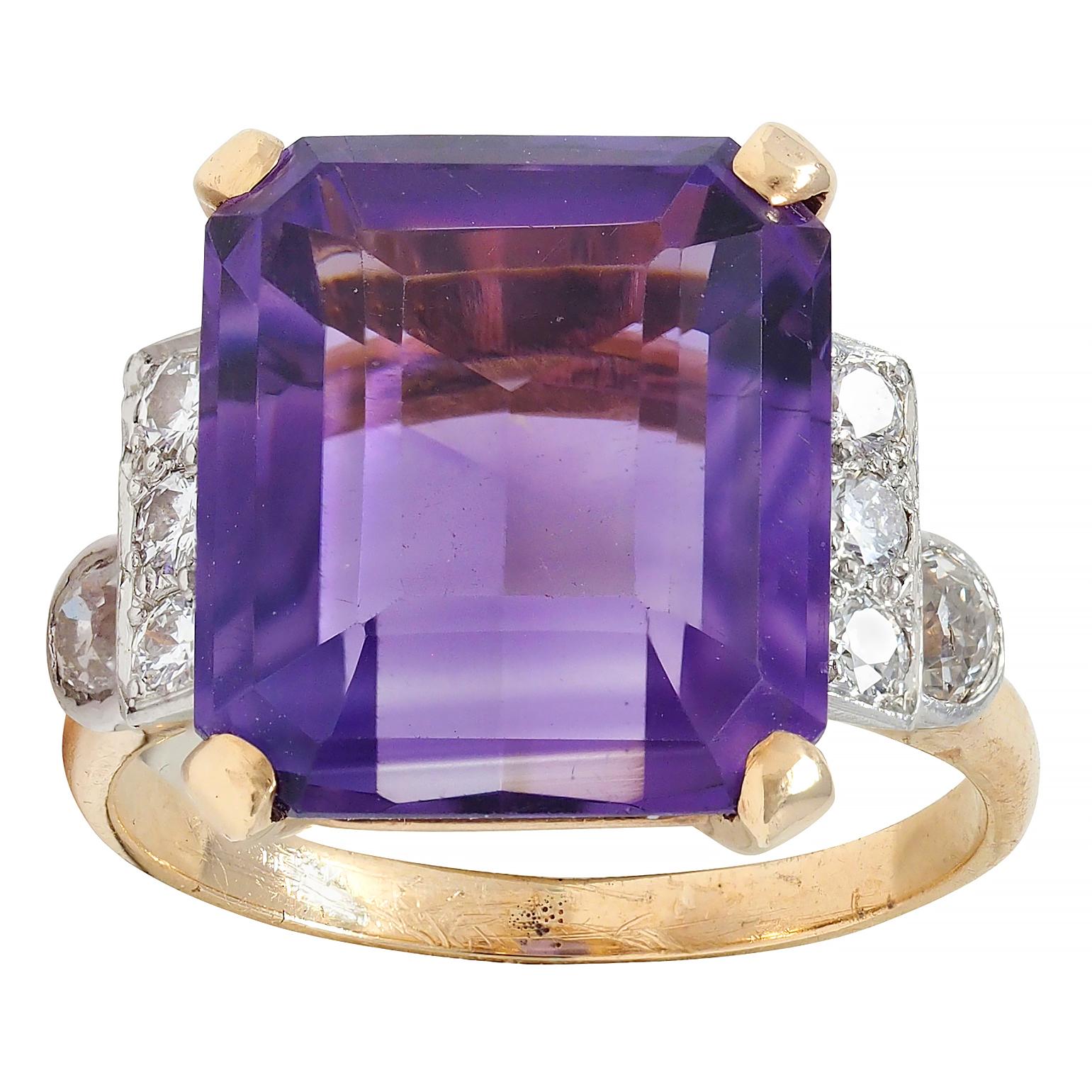 Retro 10.22 CTW Amethyst Diamond Platinum 14 Karat Gold Vintage Cocktail Ring