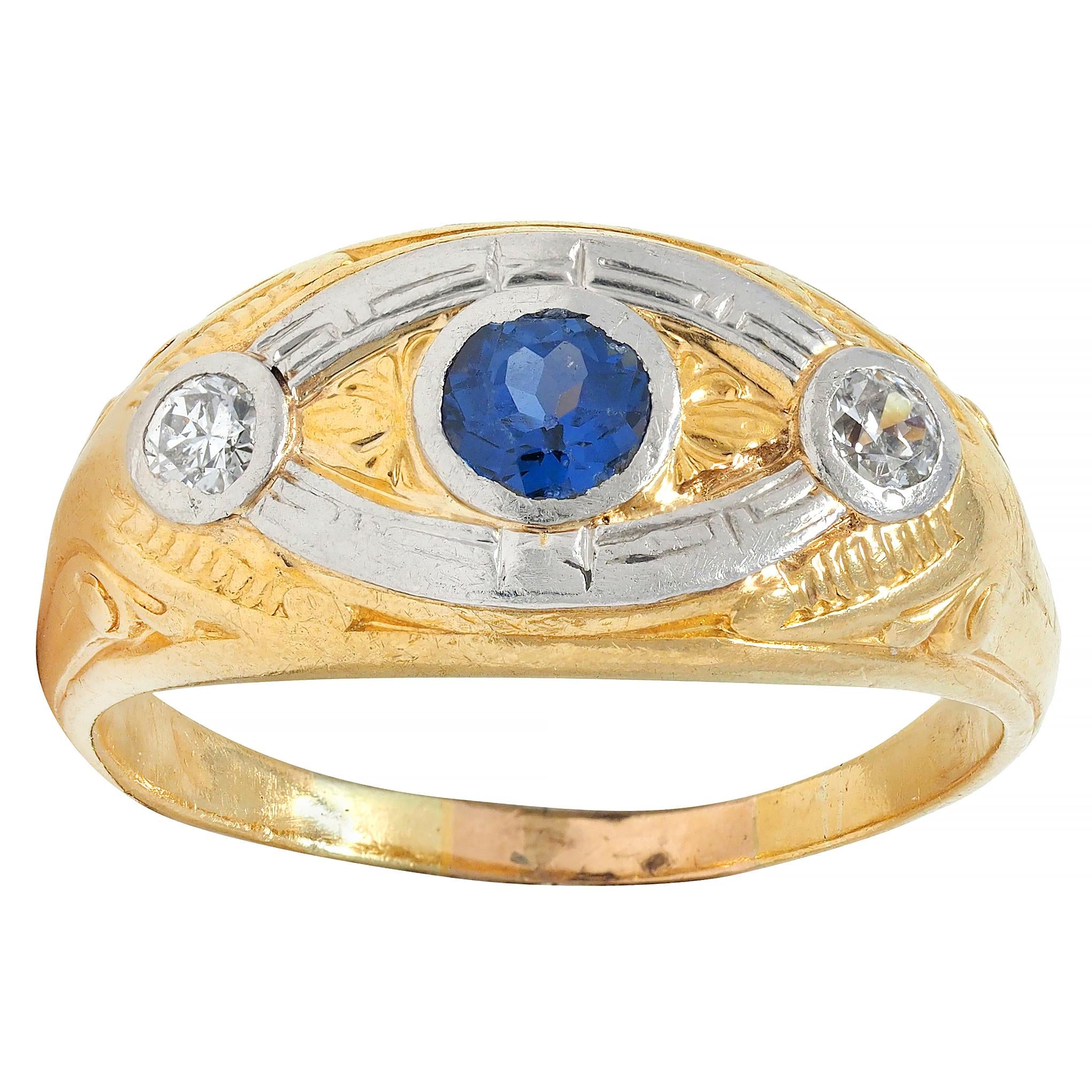 Art Deco Sapphire Diamond Platinum 18 Karat Yellow Gold Vintage Scroll Band Ring