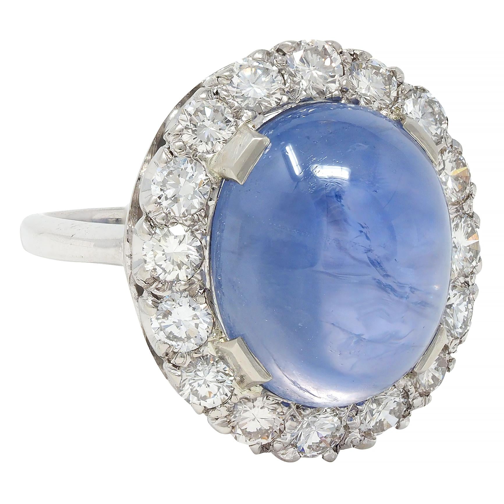 Mid-Century 16.75 CTW Star Sapphire Cabochon Diamond 14K Gold Vintage Halo Ring