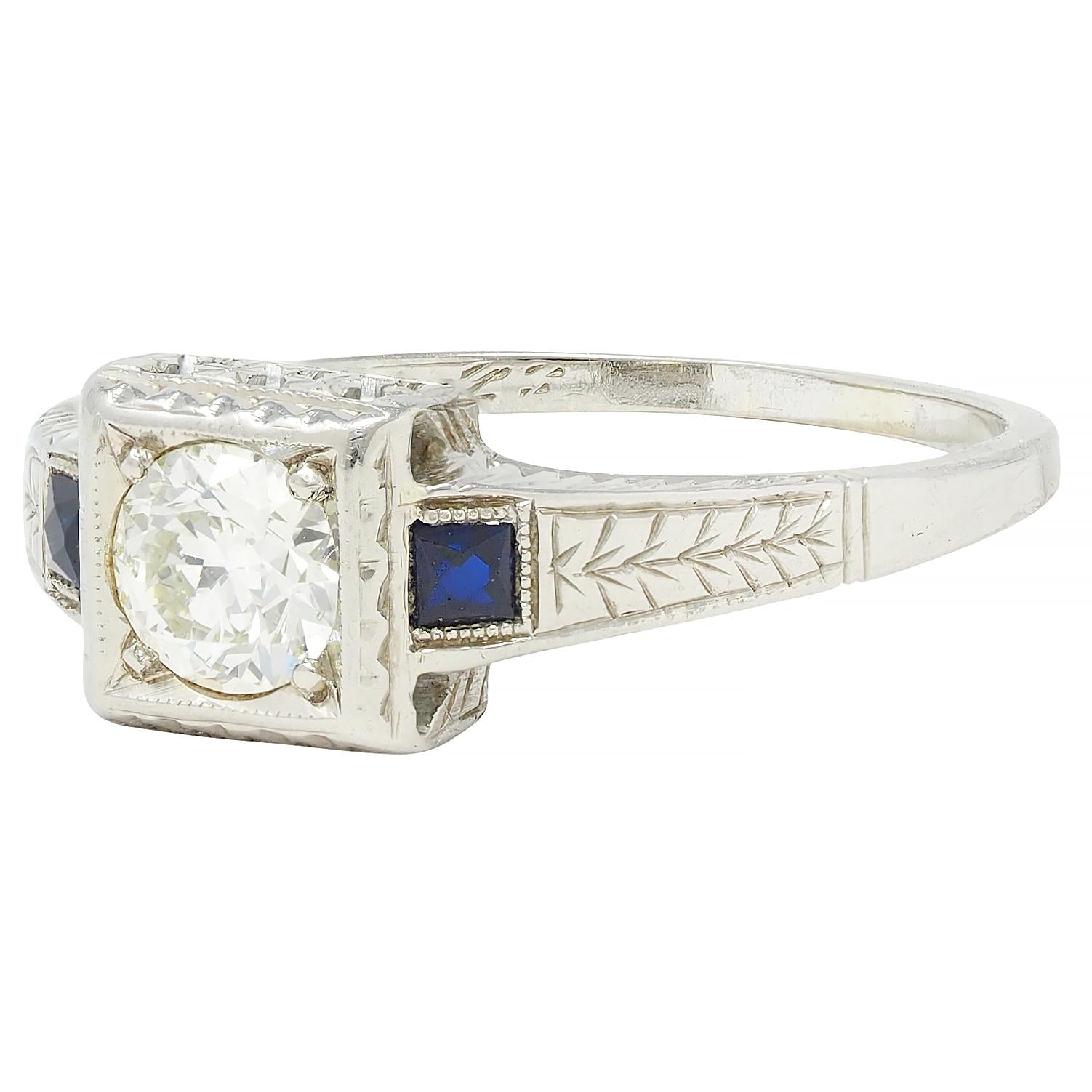 Art Deco 0.60 CTW Diamond Sapphire 18 Karat Gold Vintage Wheat Engagement Ring