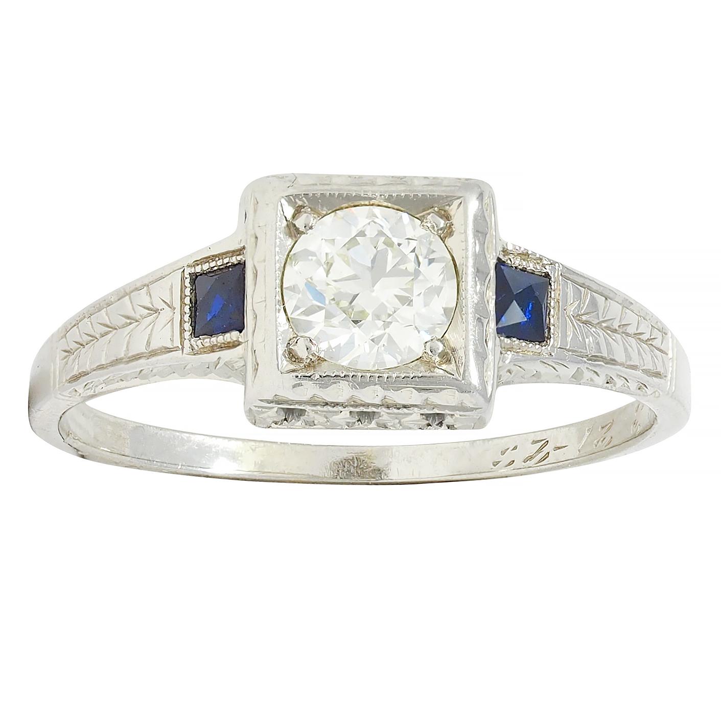 Art Deco 0.60 CTW Diamond Sapphire 18 Karat Gold Vintage Wheat Engagement Ring