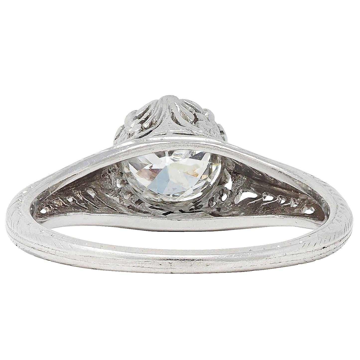 Art Deco Old European Diamond Platinum Antique Floral Solitaire Engagement Ring