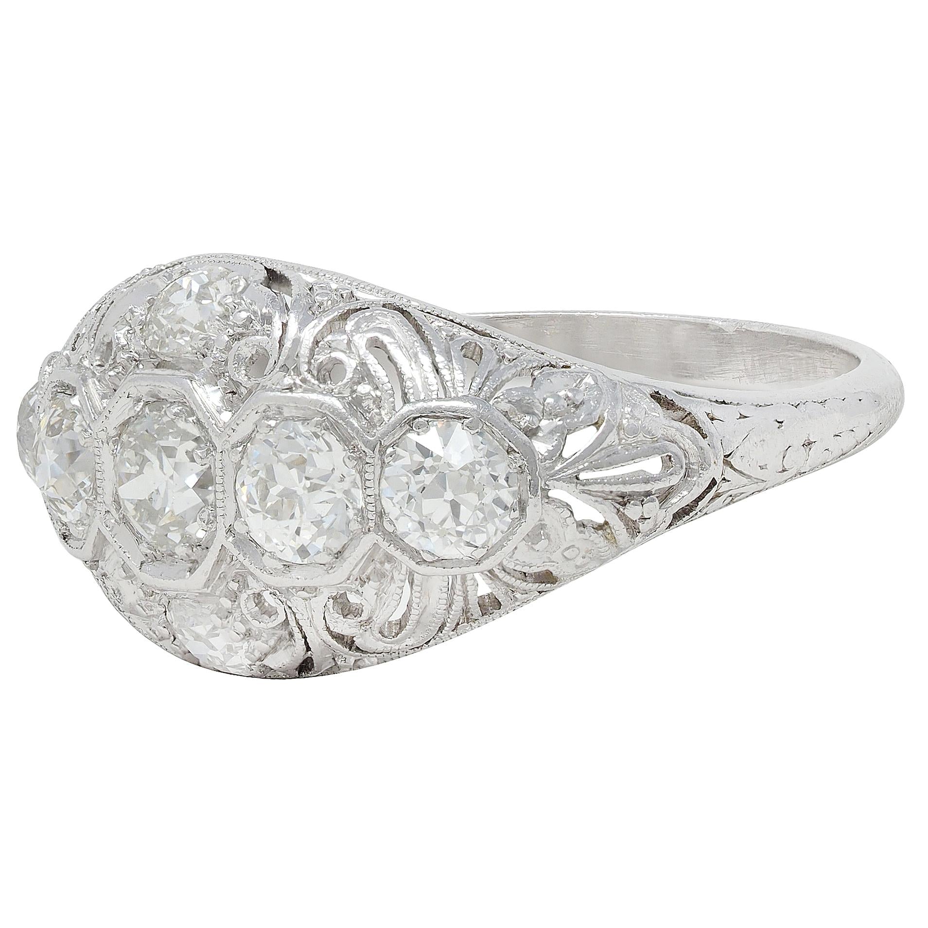 Art Deco 1.25 CTW Diamond Platinum Pierced Scrolling Vintage Bombé Band Ring