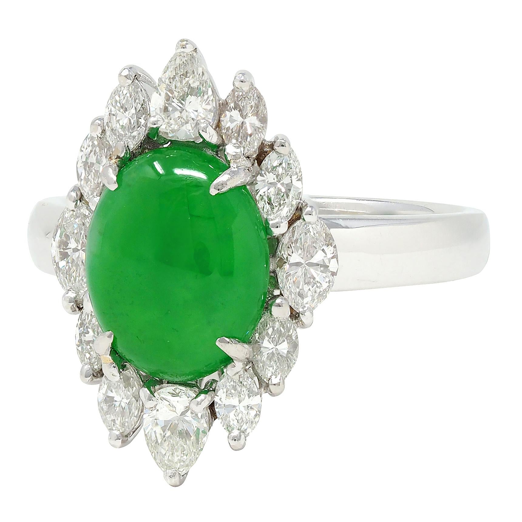 Contemporary Type A Jadeite Jade Fei Cui Diamond Platinum Halo Ring GIA