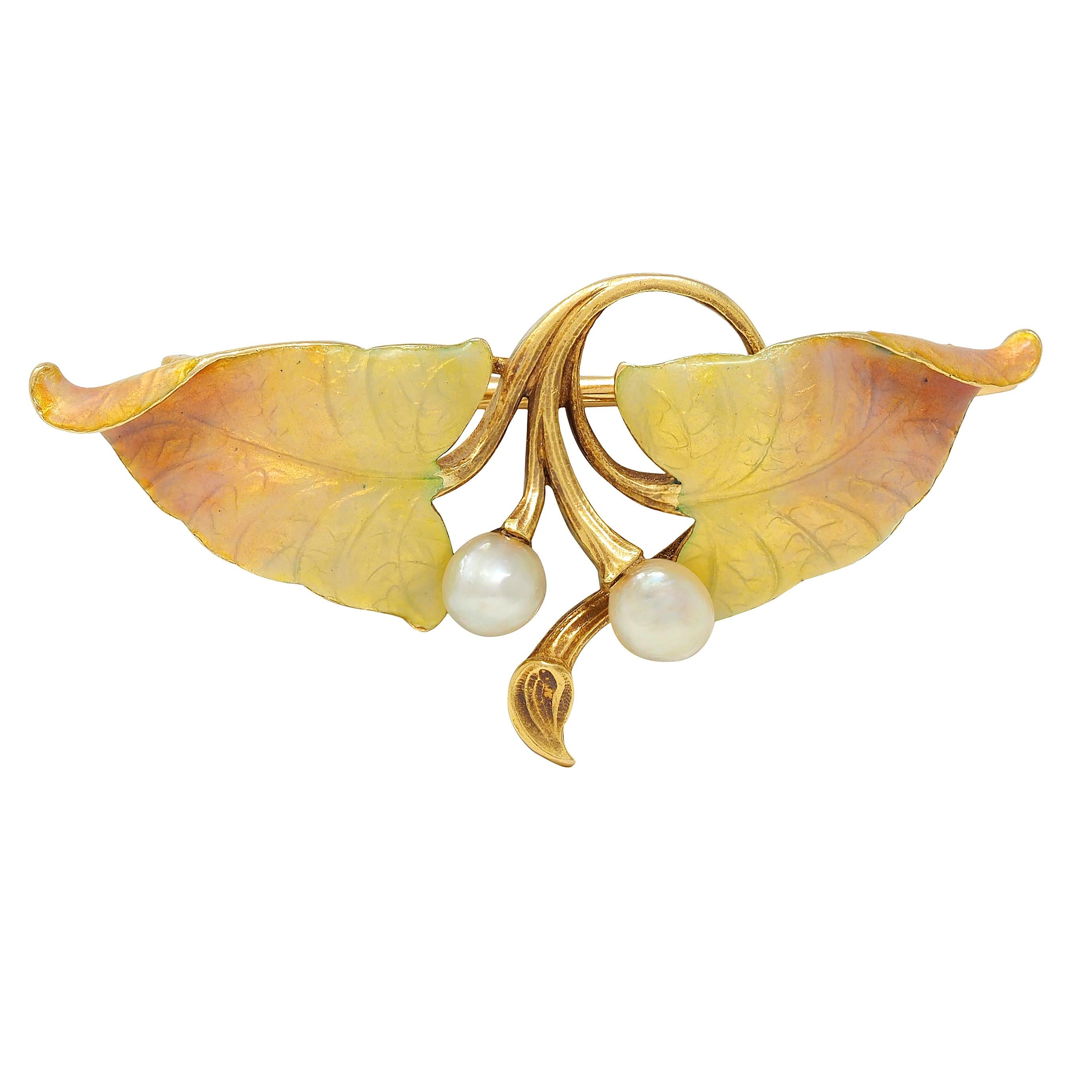 Art Nouveau Pearl Diamond Enamel 18 Karat Yellow Gold Antique Foliate Brooch