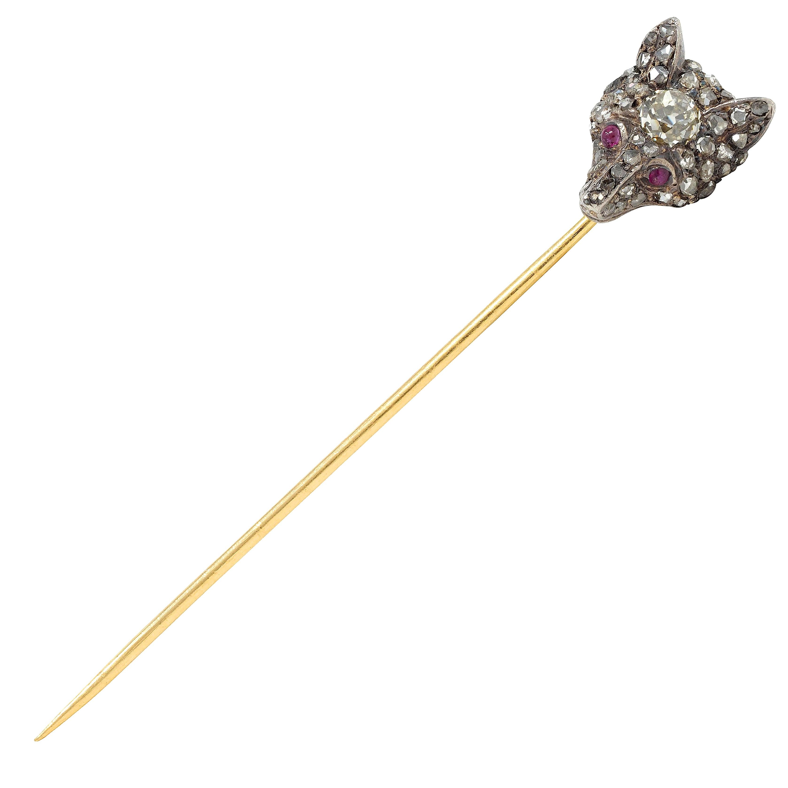 Edwardian Old Mine Diamond Ruby Silver 18 Karat Gold Antique Fox Head Stickpin