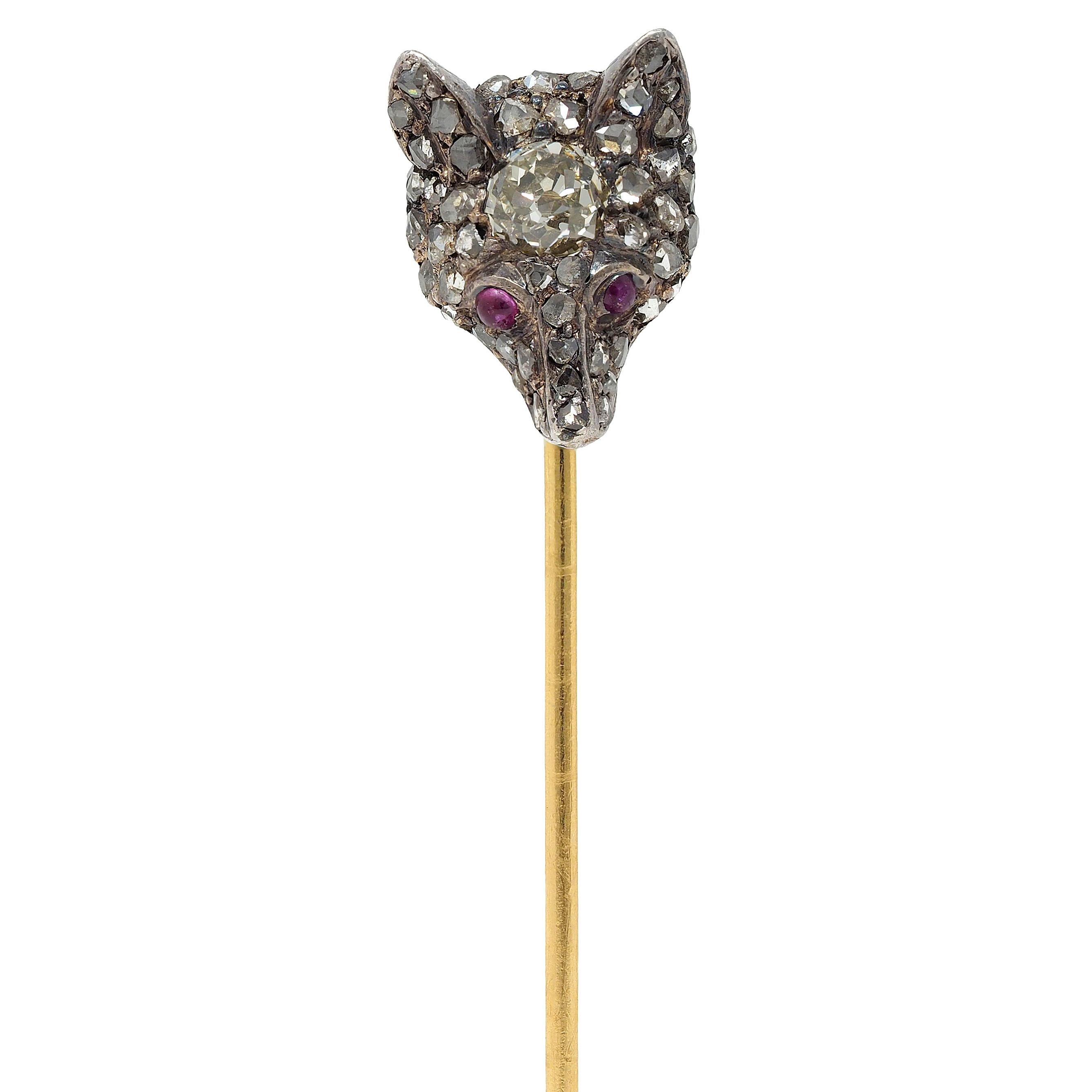 Edwardian Old Mine Diamond Ruby Silver 18 Karat Gold Antique Fox Head Stickpin