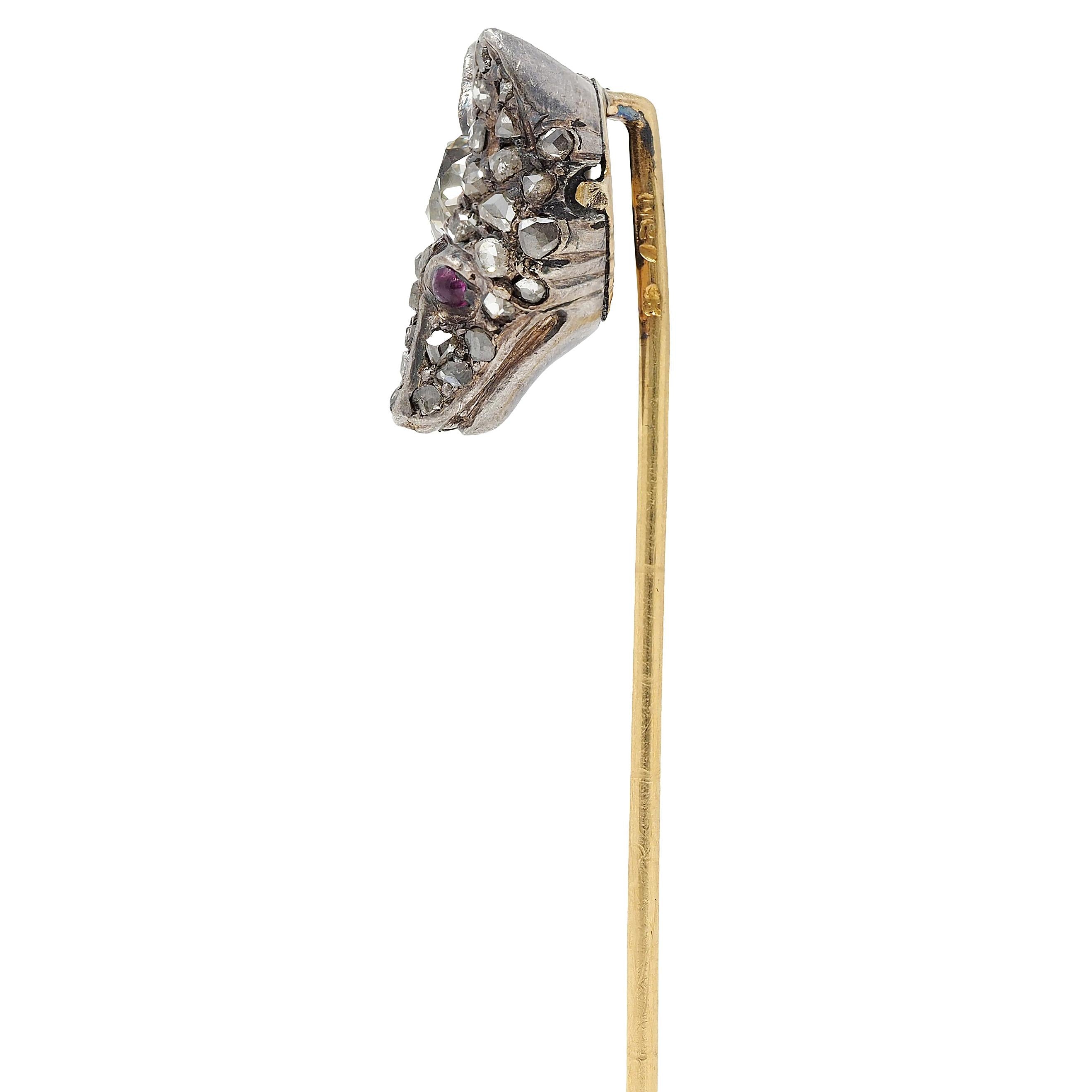 Edwardian Old Mine Diamond Ruby Silver 18 Karat Gold Antique Fox Head Stickpin