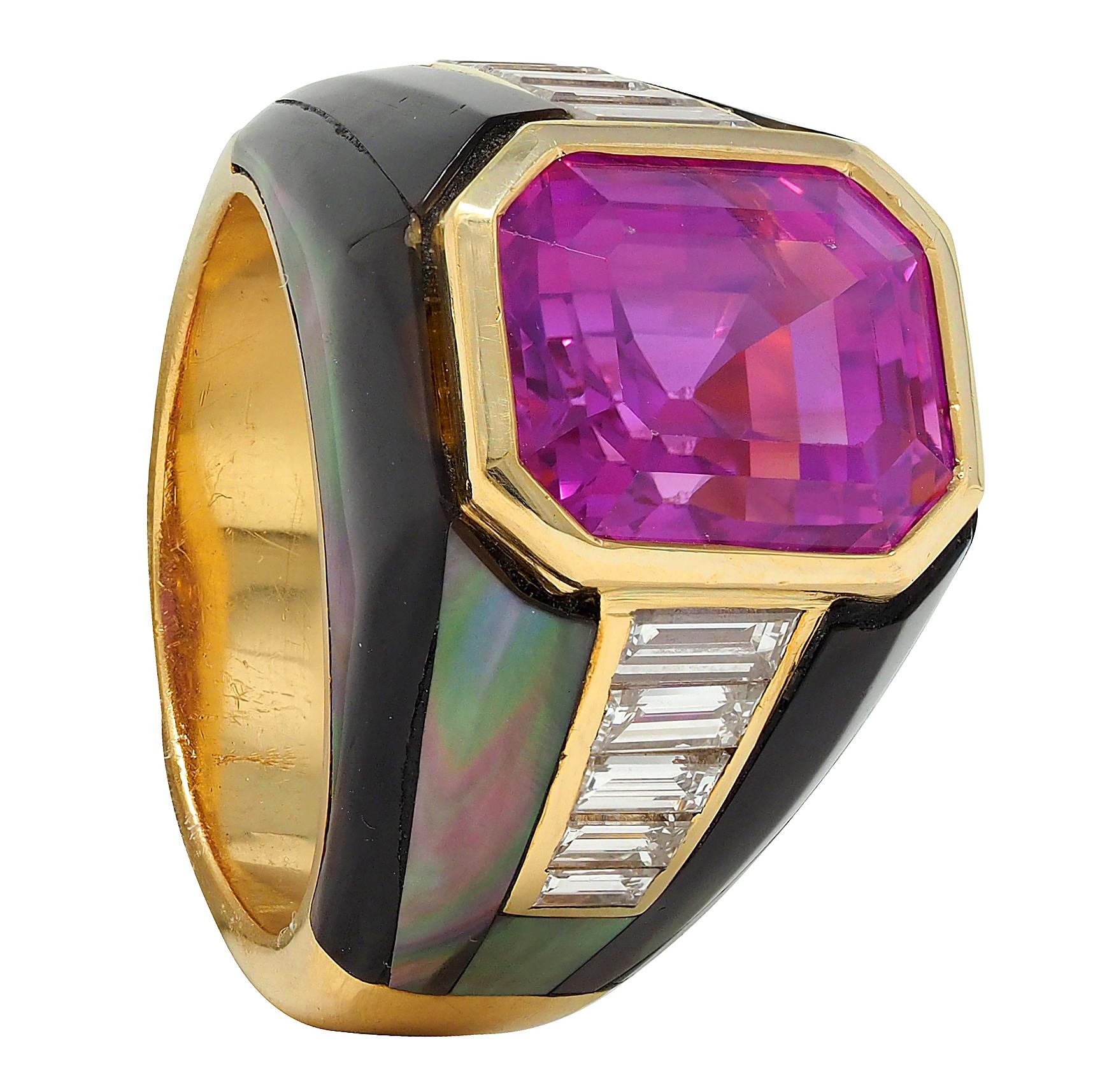 French No Heat Pink Ceylon Sapphire Multi-Gem 18 Karat Gold Vintage Ring AGL