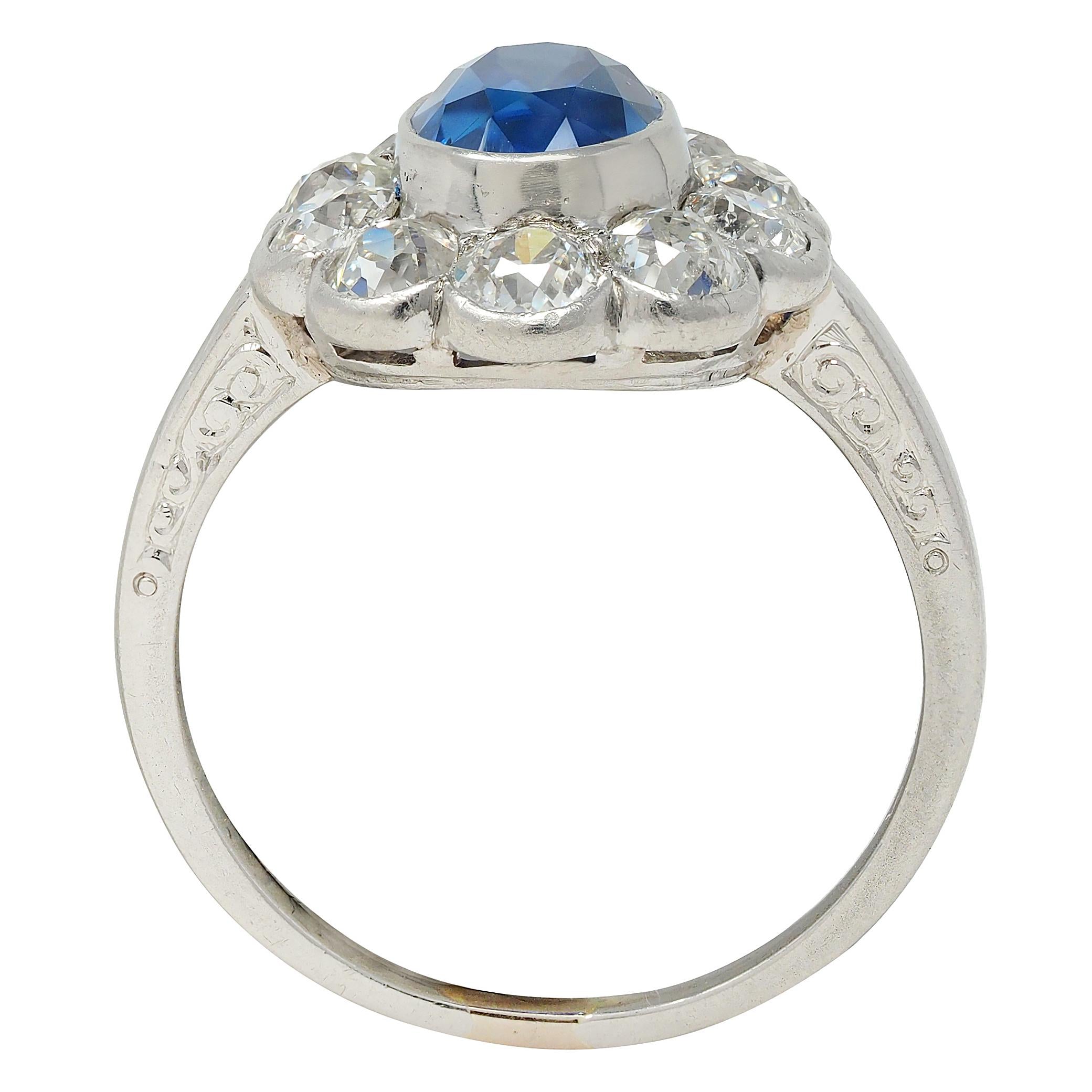 Art Deco 4.16 CTW No Heat Ceylon Sapphire Diamond Platinum Vintage Halo Ring GIA