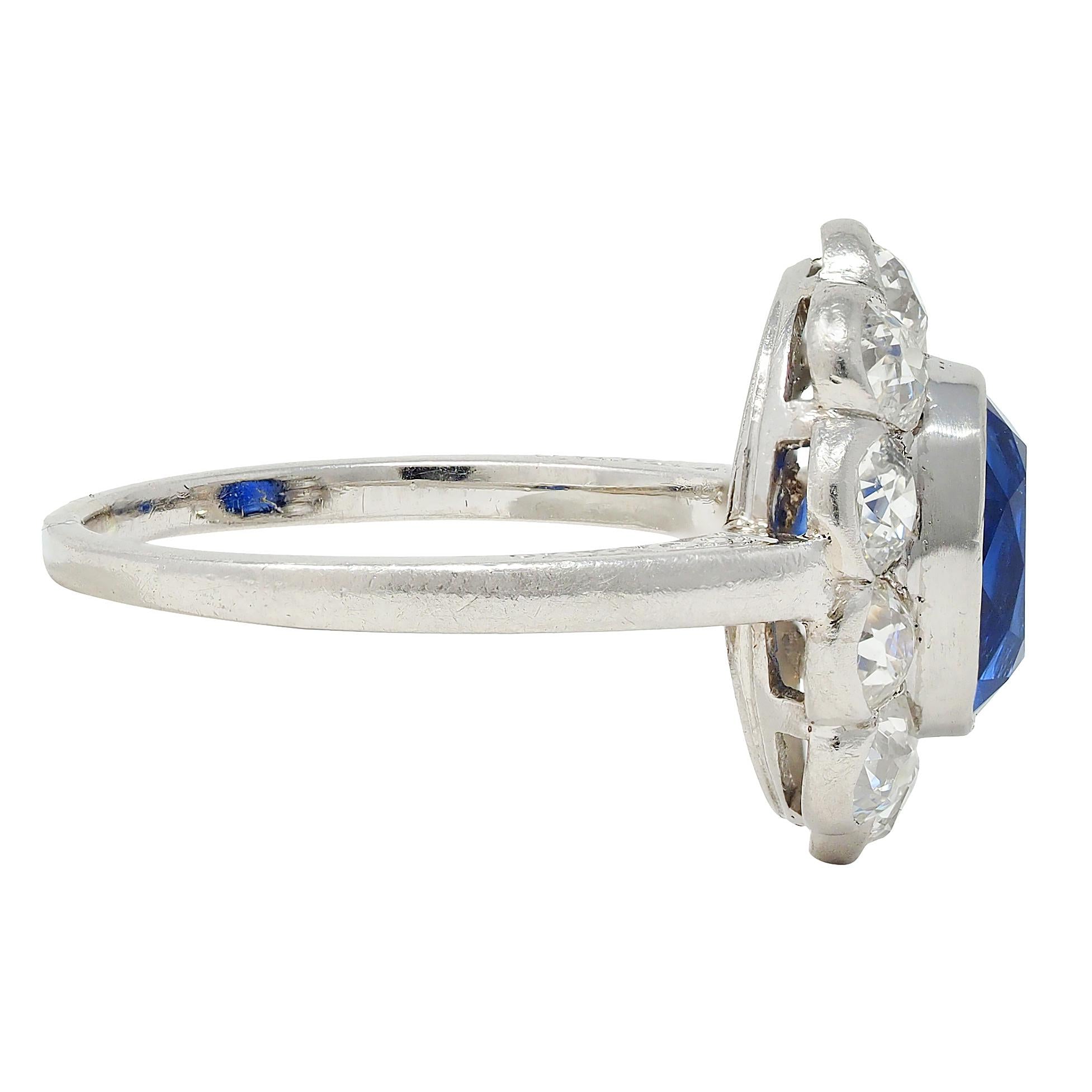 Art Deco 4.16 CTW No Heat Ceylon Sapphire Diamond Platinum Vintage Halo Ring GIA