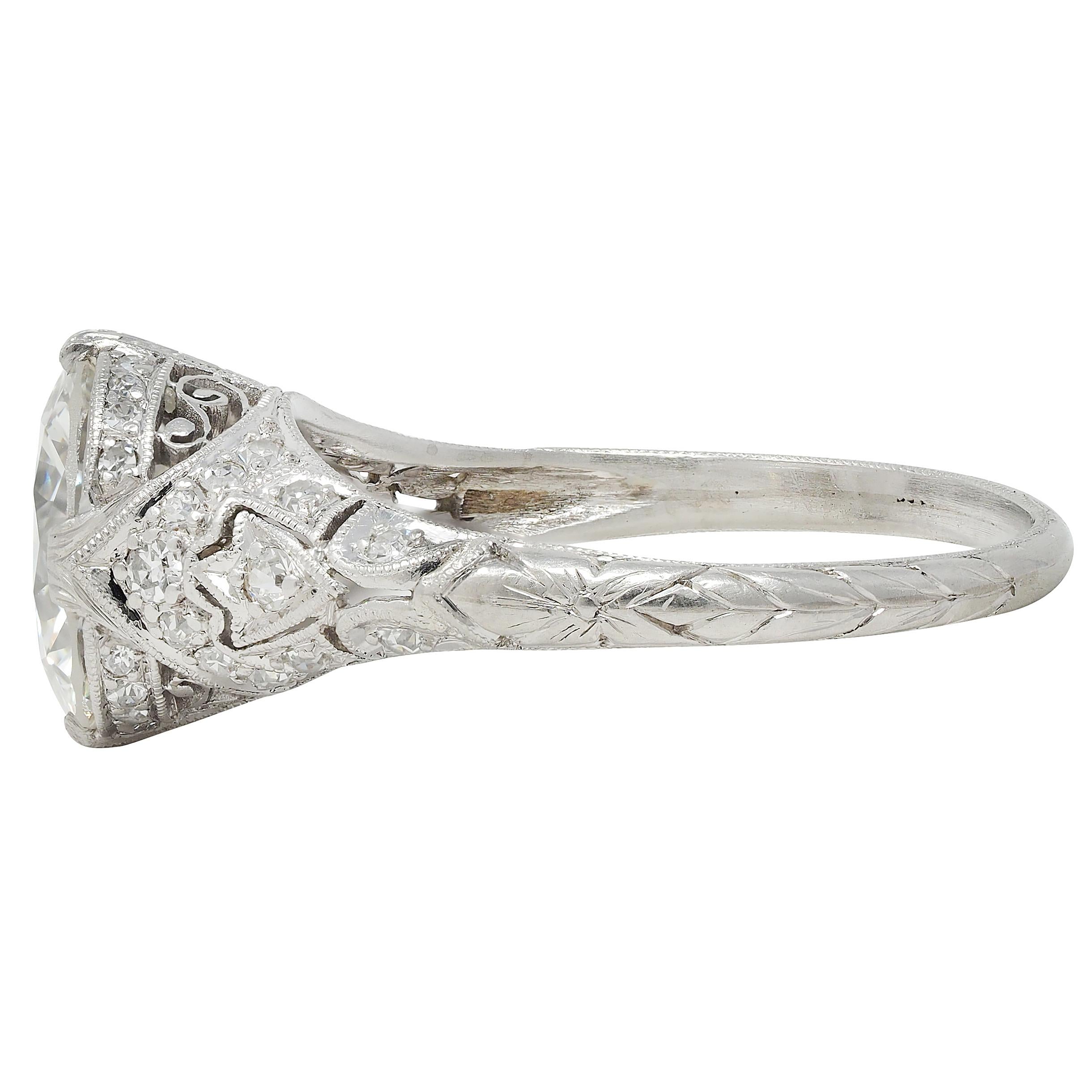 Art Deco 2.58 CTW European Diamond Platinum Vintage Lotus Engagement Ring GIA