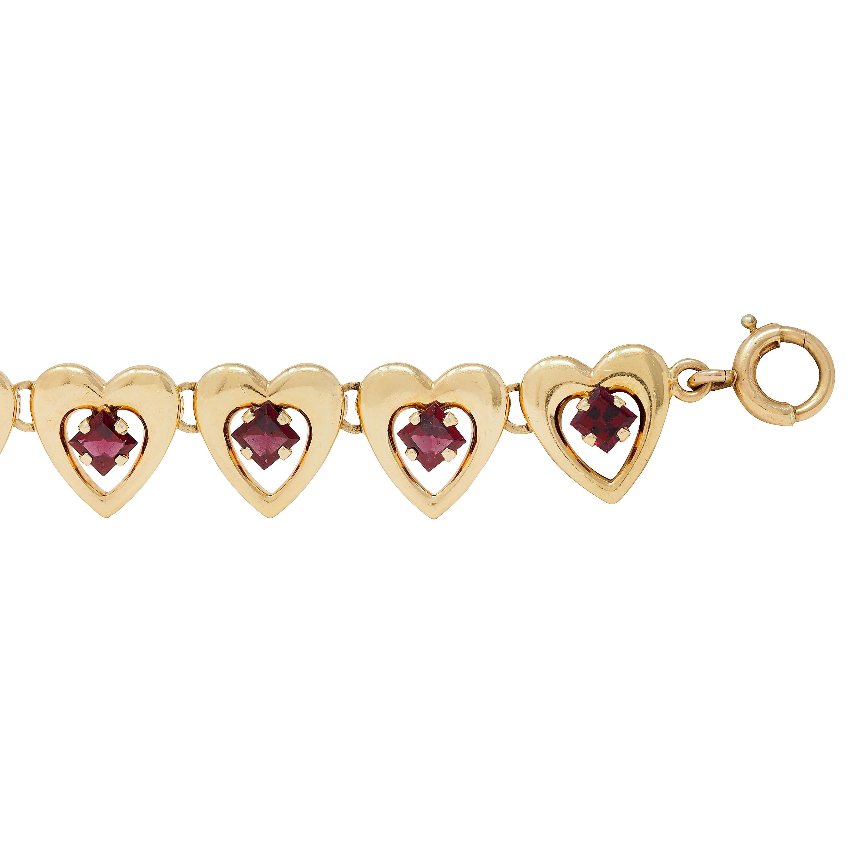 Tiffany & Co. Retro 1940's Garnet 14 Karat Yellow Gold Vintage Heart Bracelet