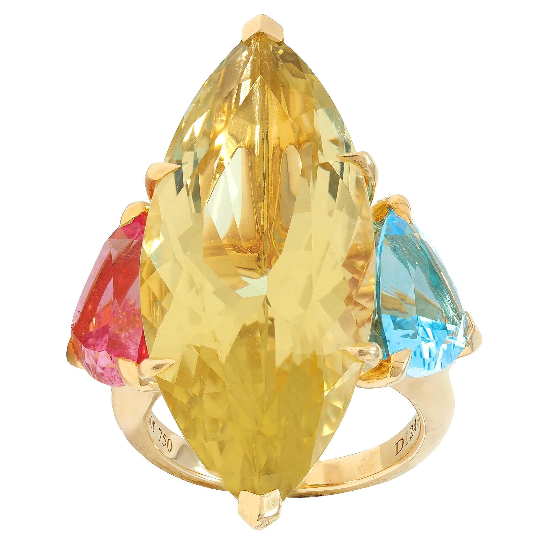 Dior French Lemon Quartz Tourmaline Topaz 18K Gold Three Stone Cocktail Ring