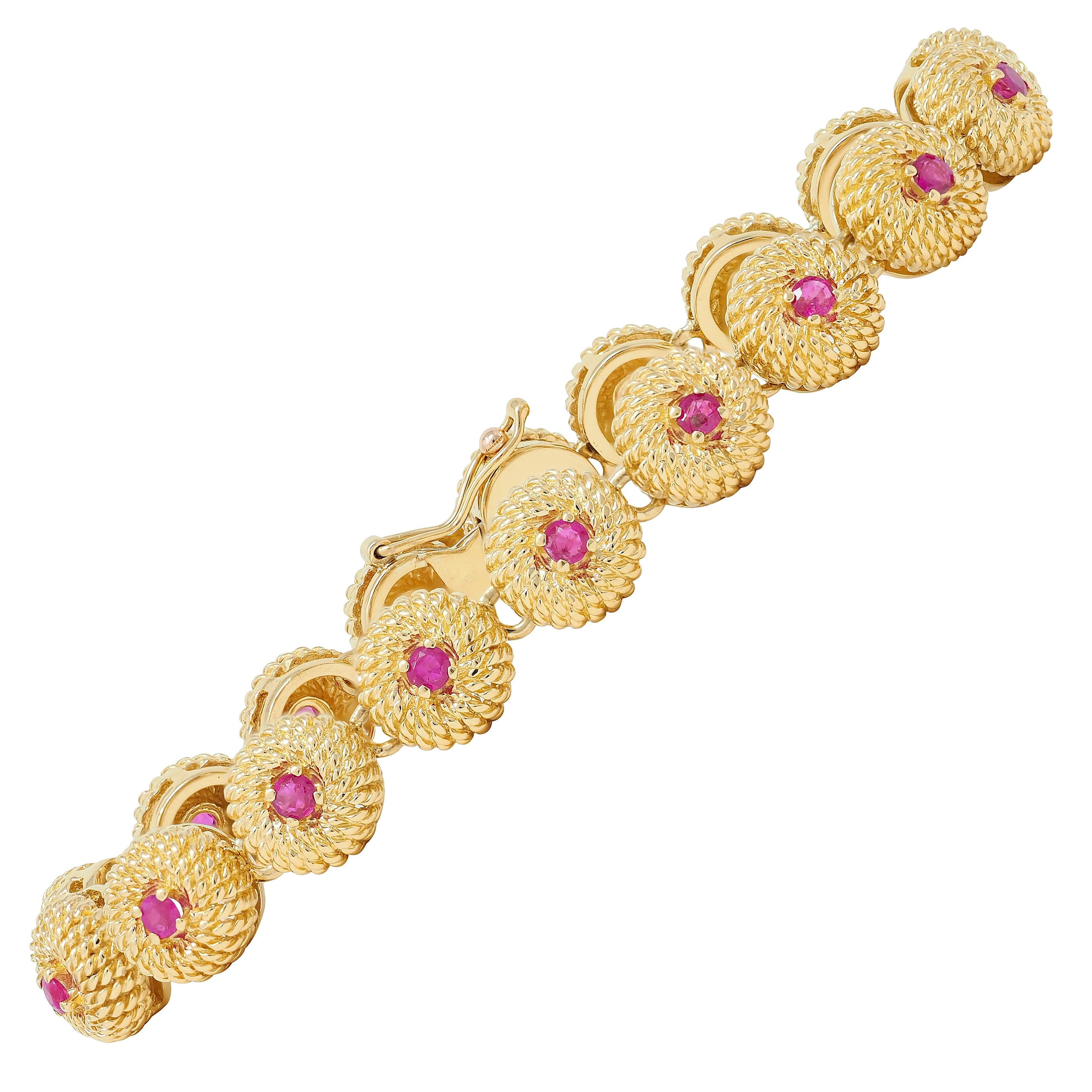 Tiffany & Co. 1960s Ruby 18 Karat Yellow Gold Vintage Twisted Rope Link Bracelet