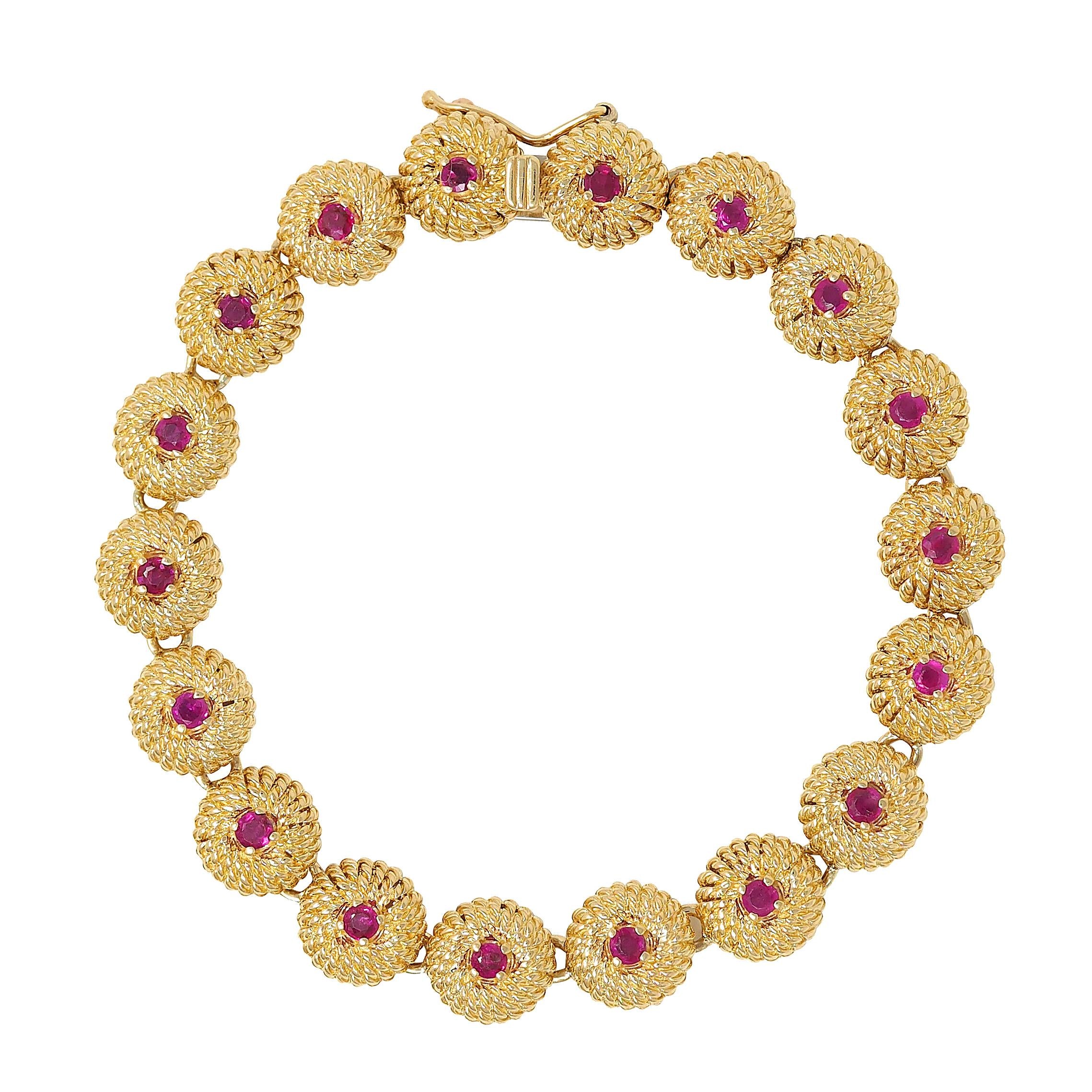 Tiffany & Co. 1960s Ruby 18 Karat Yellow Gold Vintage Twisted Rope Link Bracelet