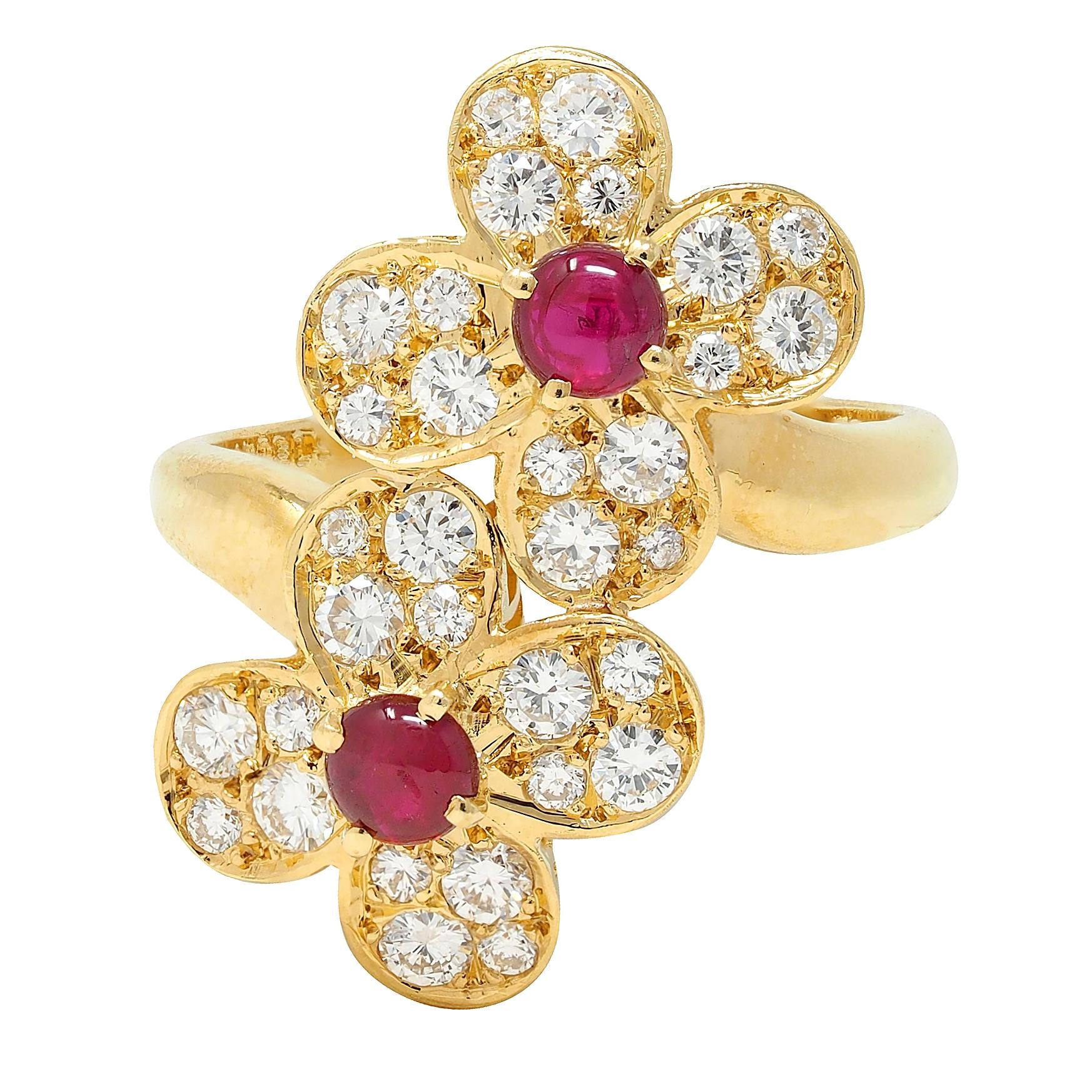 Van Cleef & Arpels French Ruby Diamond 18 Karat Yellow Gold Trefle Bypass Ring