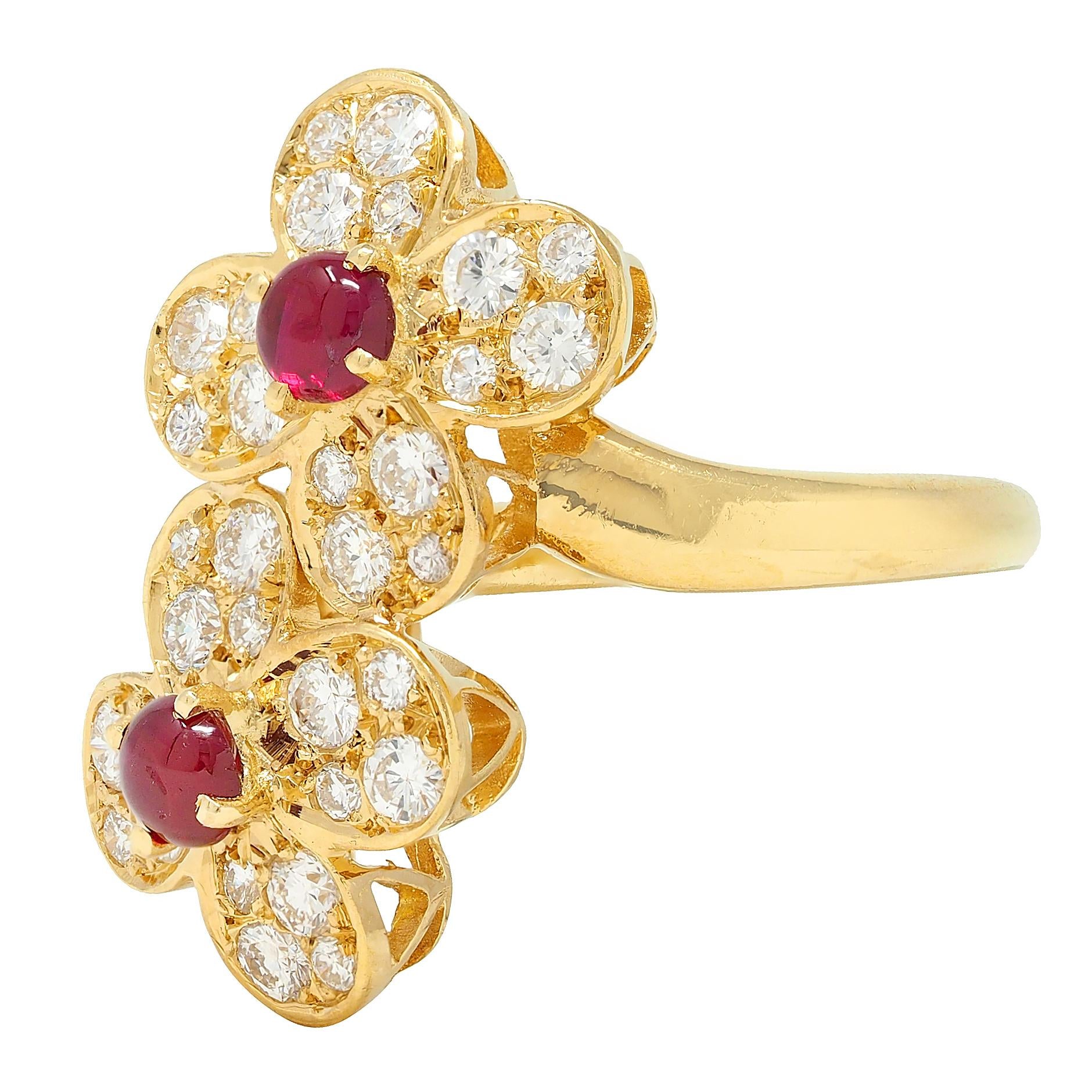 Van Cleef & Arpels French Ruby Diamond 18 Karat Yellow Gold Trefle Bypass Ring