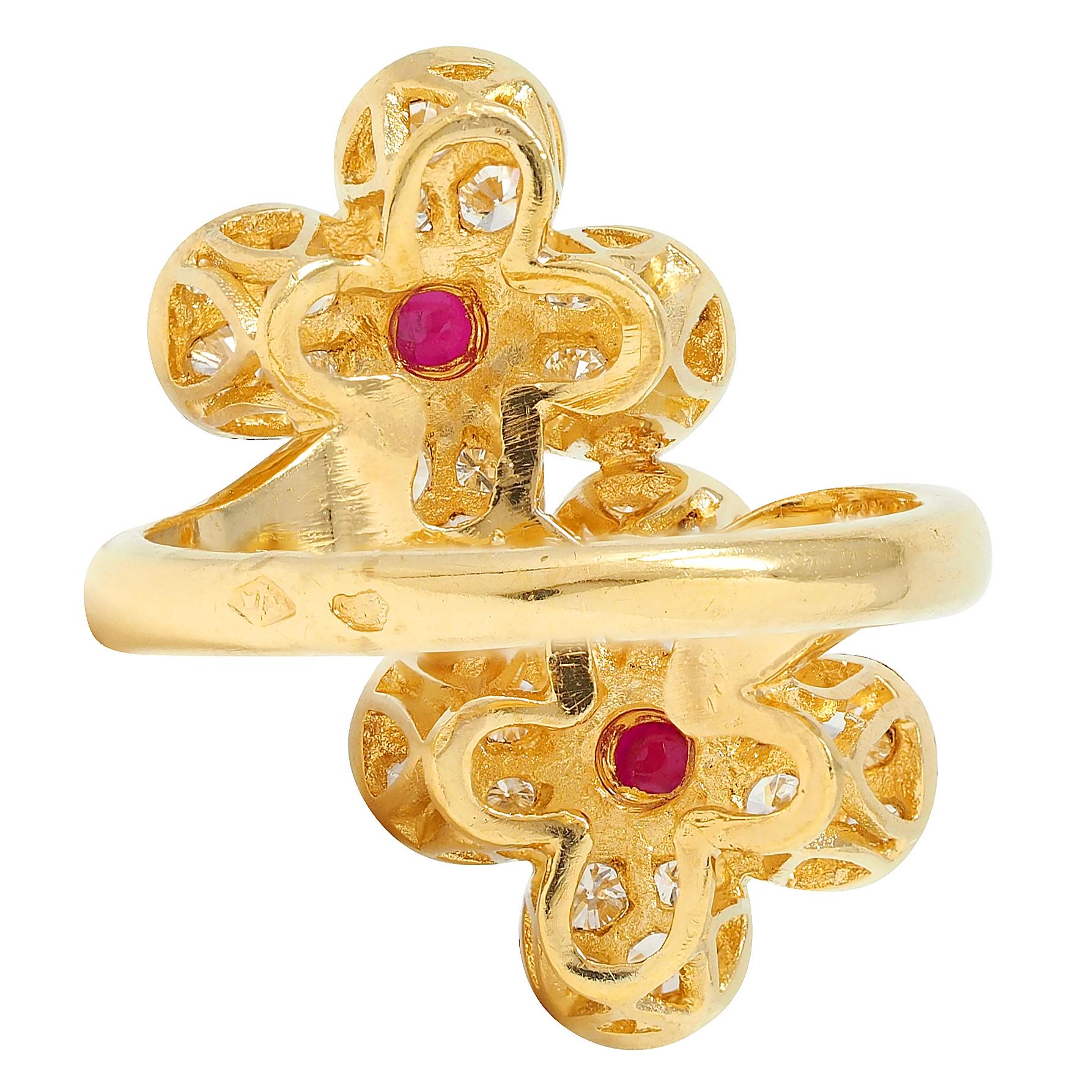 Van Cleef & Arpels French Ruby Diamond 18 Karat Yellow Gold Trefle Bypass Ring