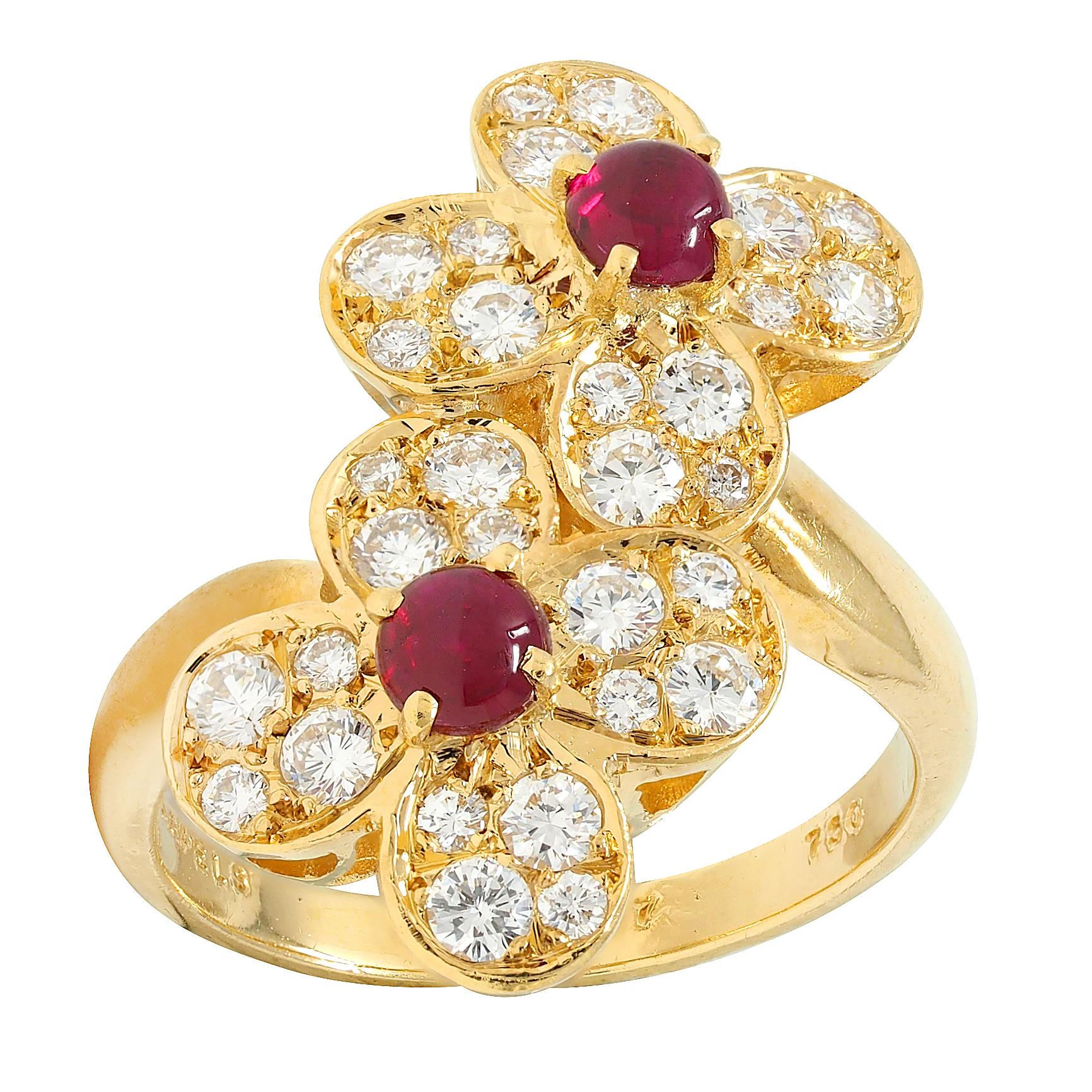 Van Cleef & Arpels French Ruby Diamond 18 Karat Yellow Gold Trefle Bypass Ring