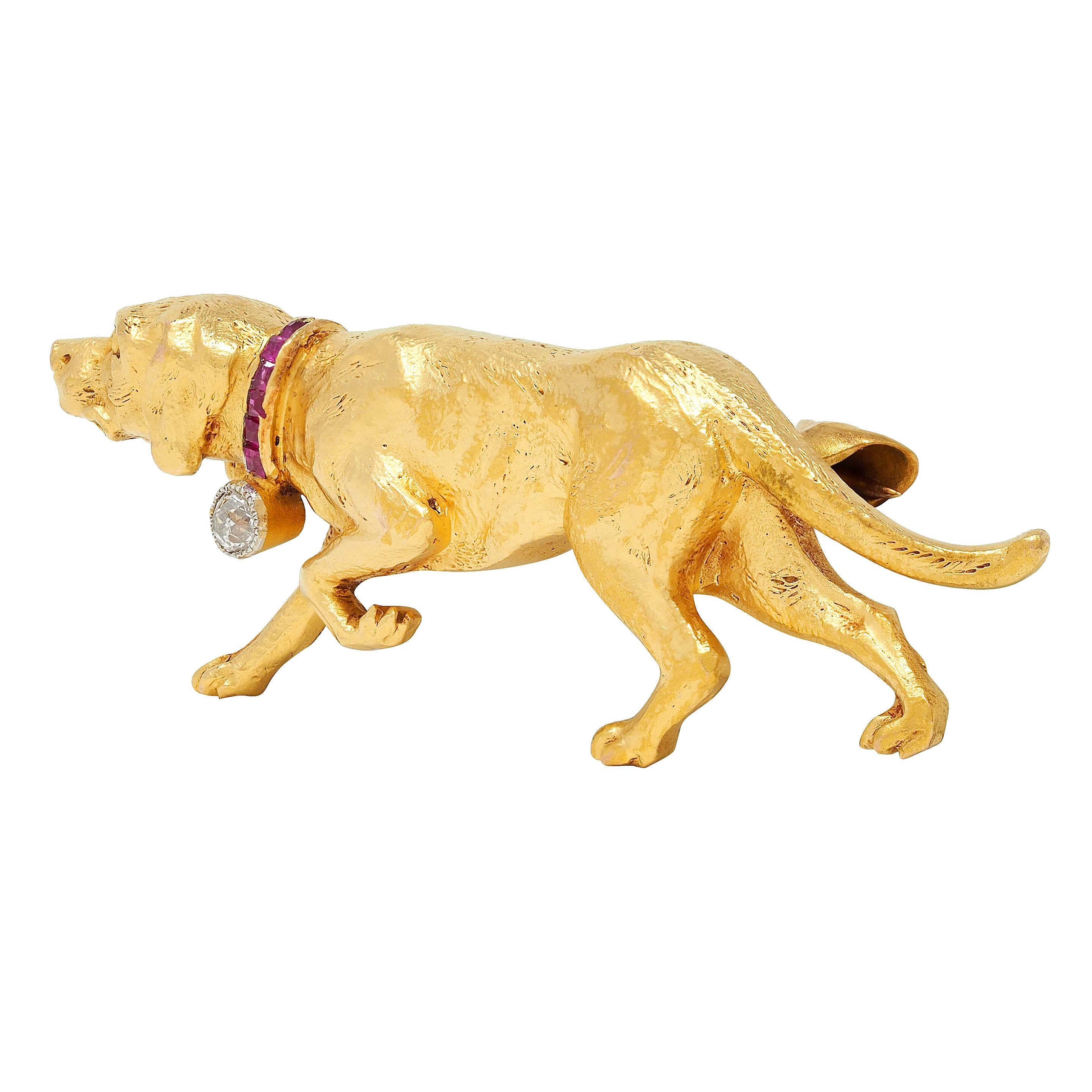 Edwardian Diamond Ruby Platinum 18 Karat Yellow Gold Antique Hound Dog Brooch