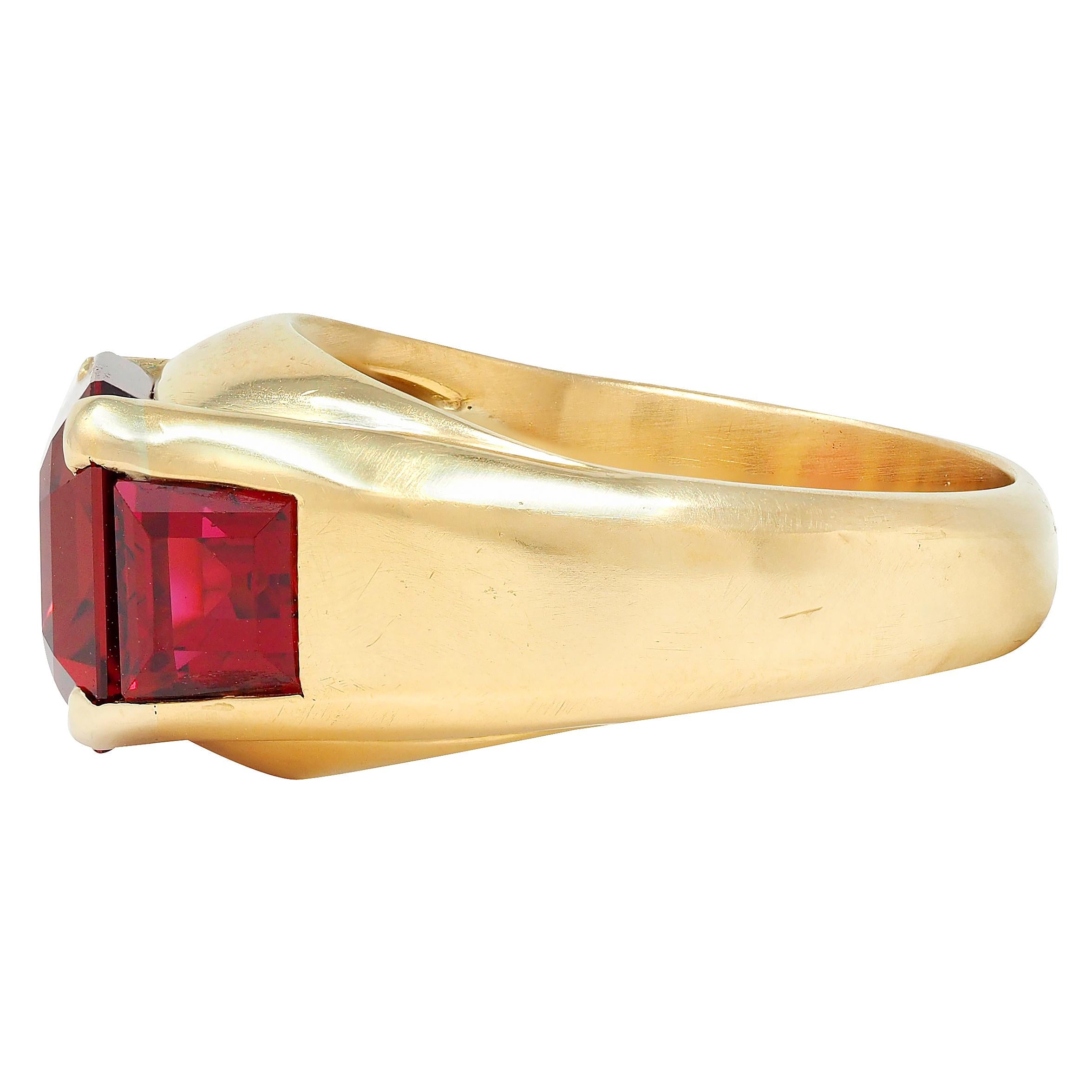 Bulgari 1970 Red Spinel 18K Yellow Gold Vintage Three Stone Unisex Signet Ring