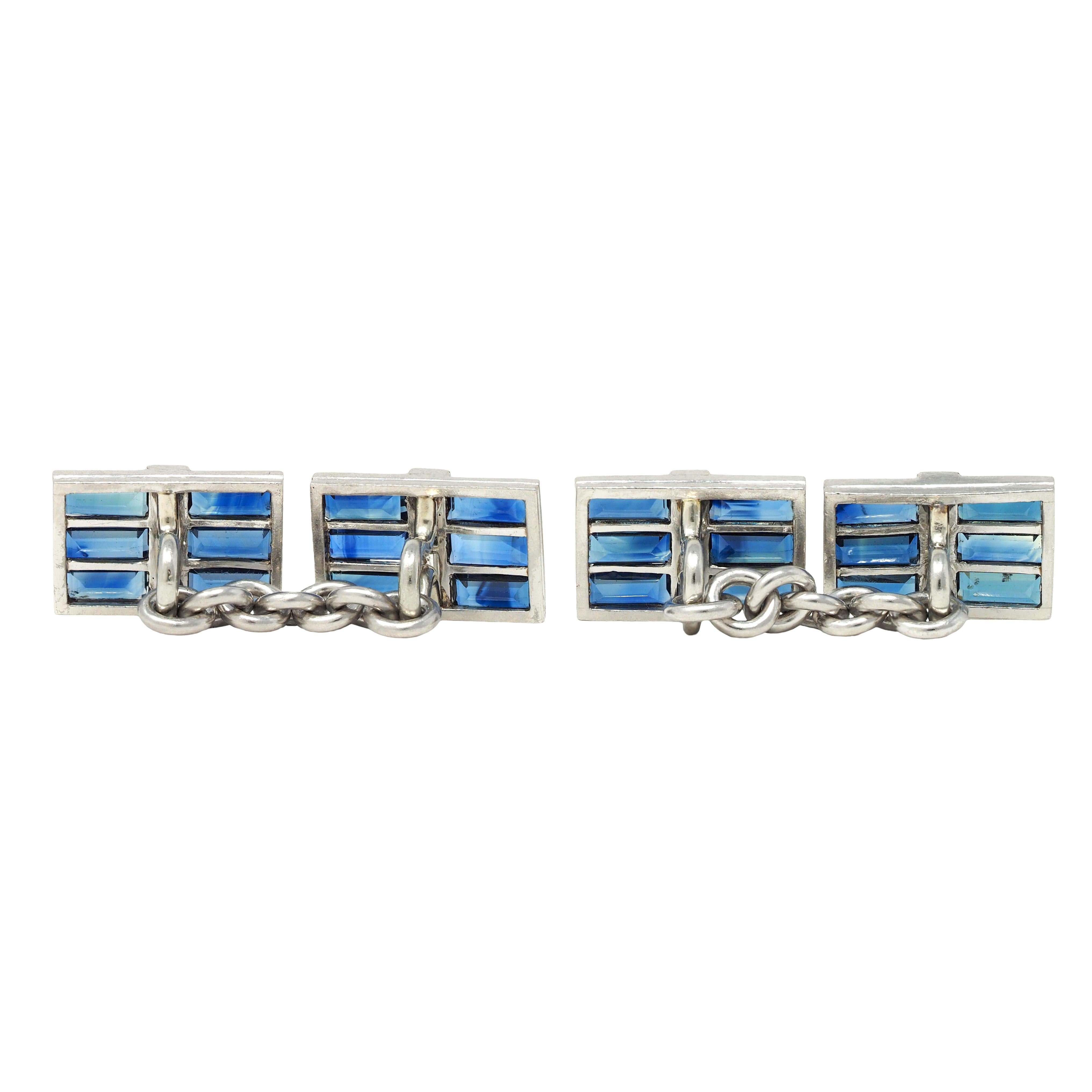 Art Deco 5.44 CTW Sapphire Diamond 14 Karat White Gold Vintage Cufflinks