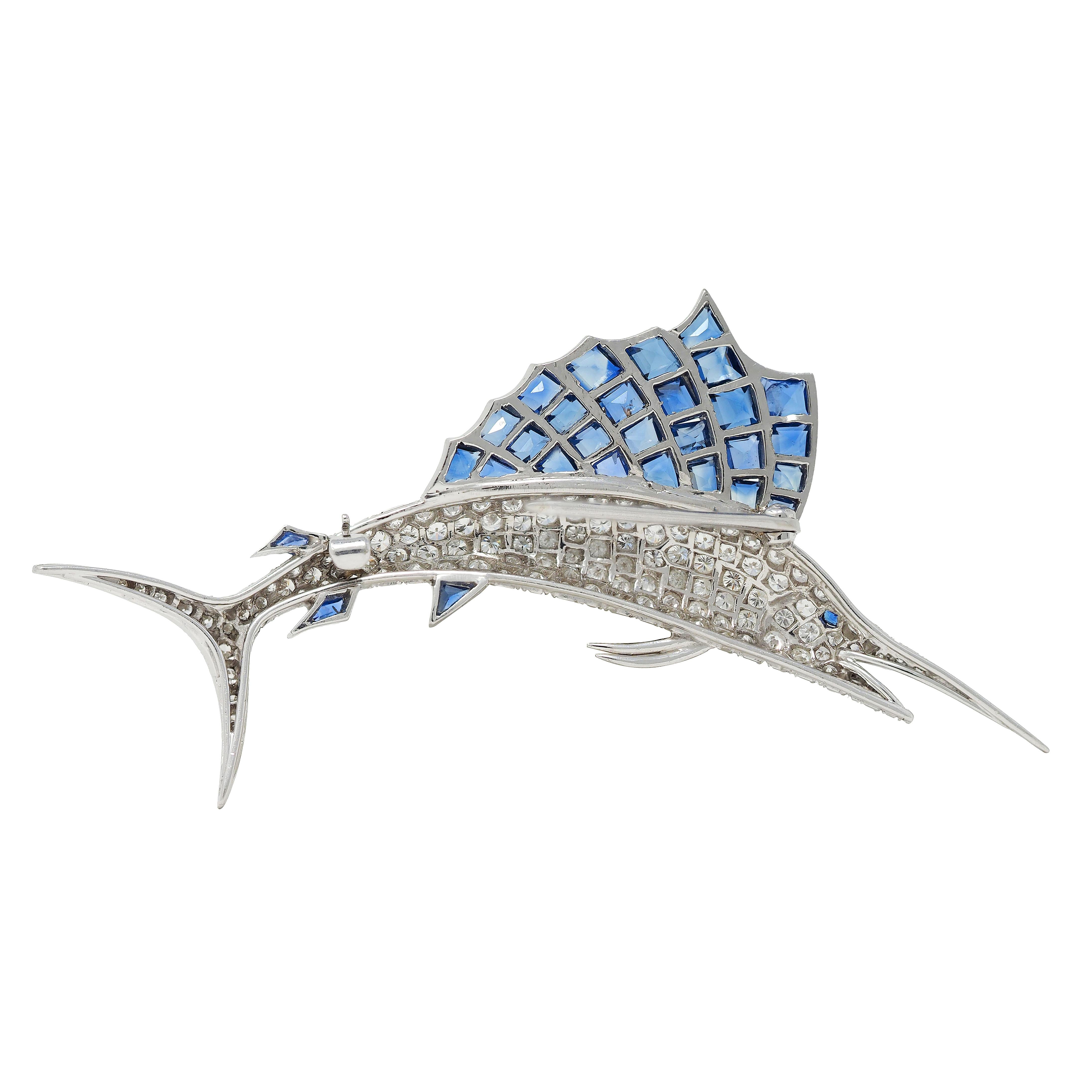 1950's Vintage 9.33 CTW Diamond Sapphire Platinum Unisex Sailfish Fish Brooch