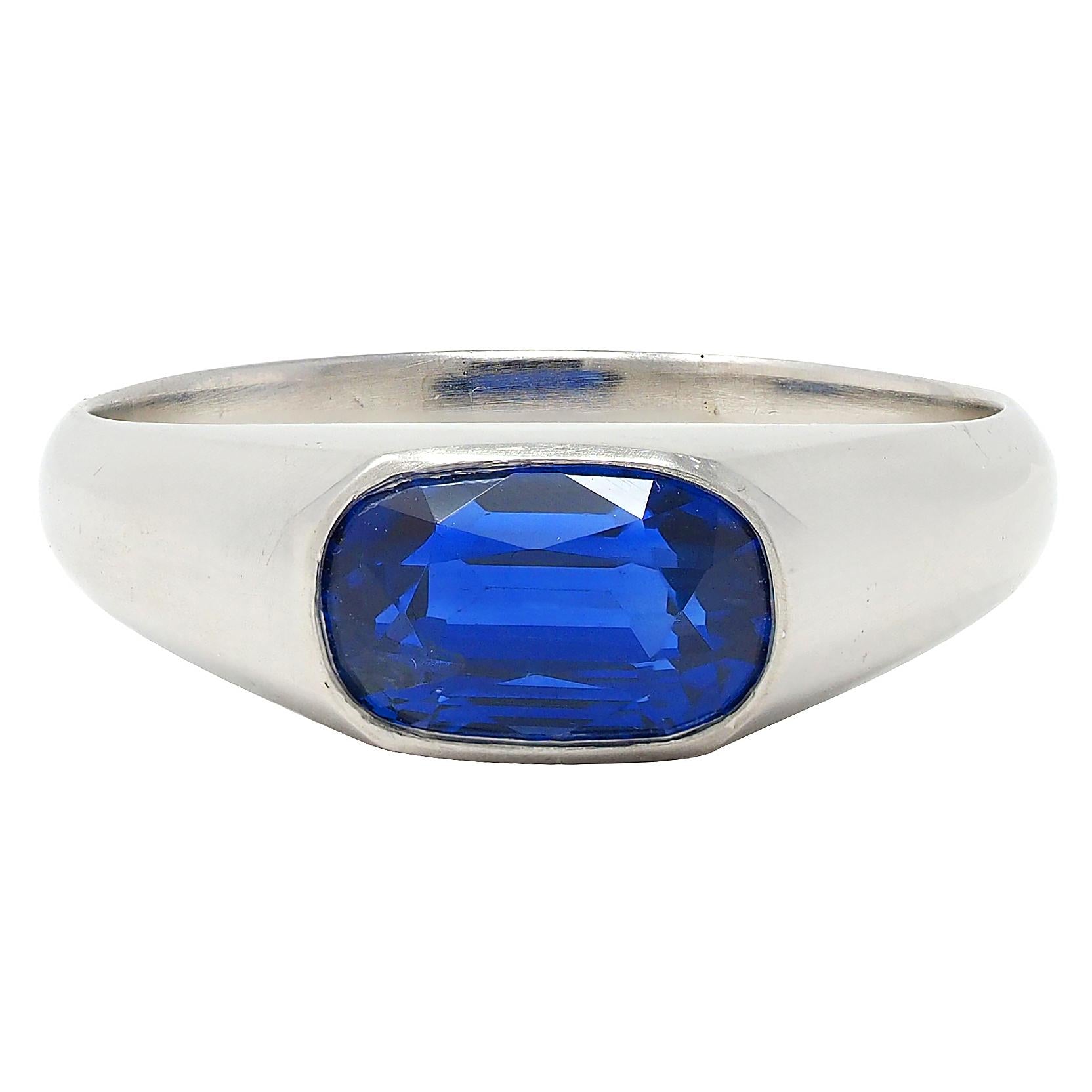 Vintage 4.12 CTW No Heat Ceylon Sapphire Platinum Flush Unisex Signet Ring