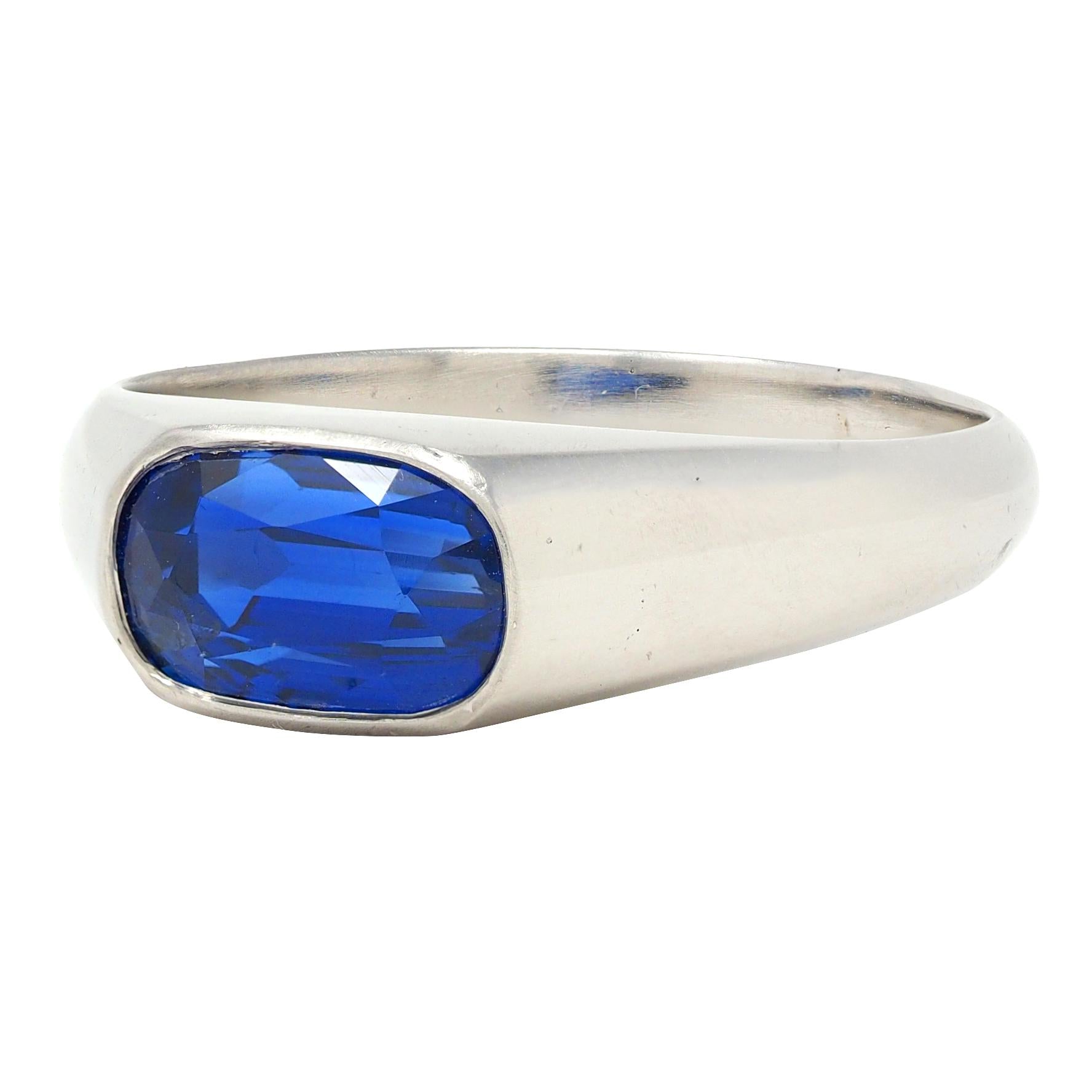 Vintage 4.12 CTW No Heat Ceylon Sapphire Platinum Flush Unisex Signet Ring