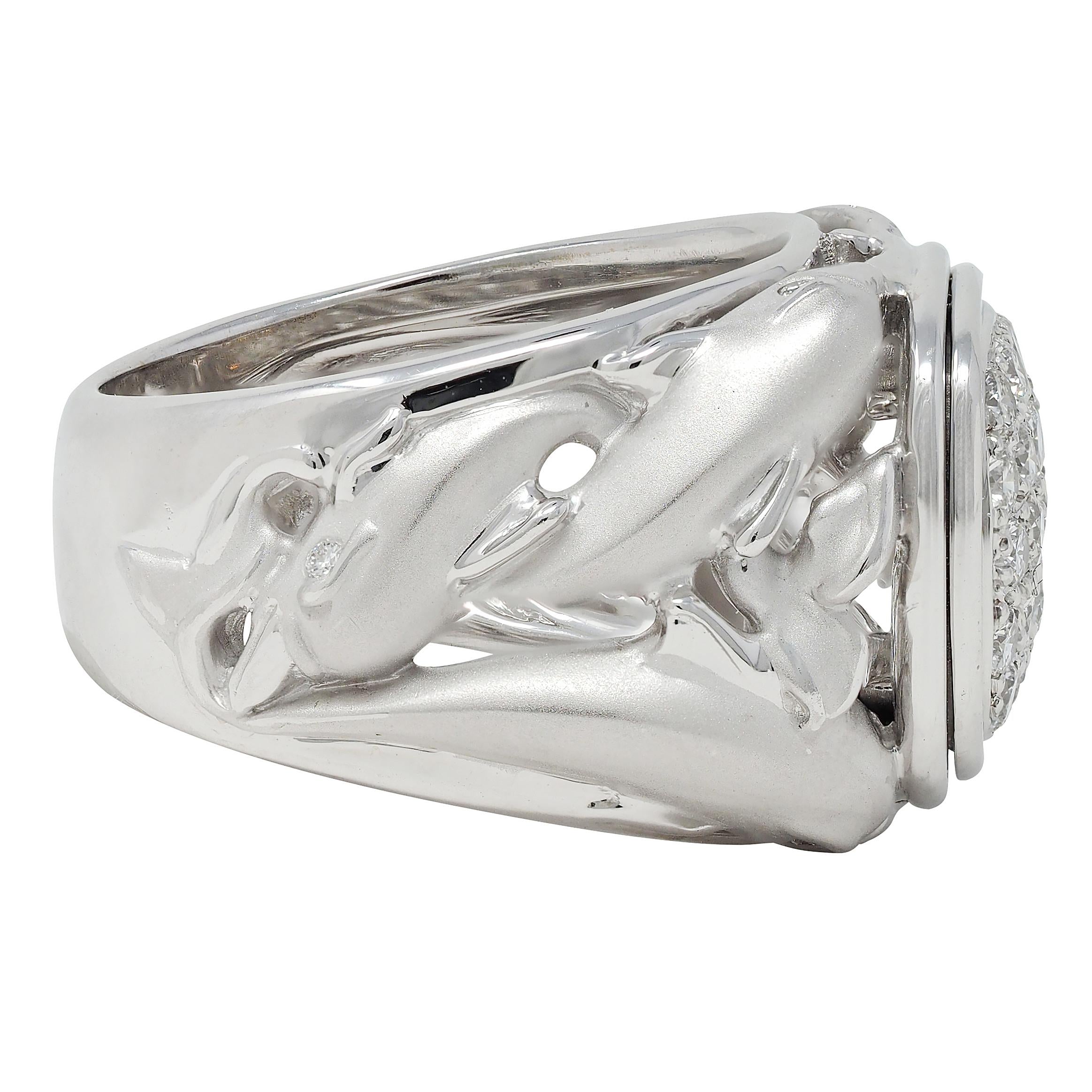 Carrera y Carrera Diamond 18 Karat White Gold Pavé Dolphin Signet Ring