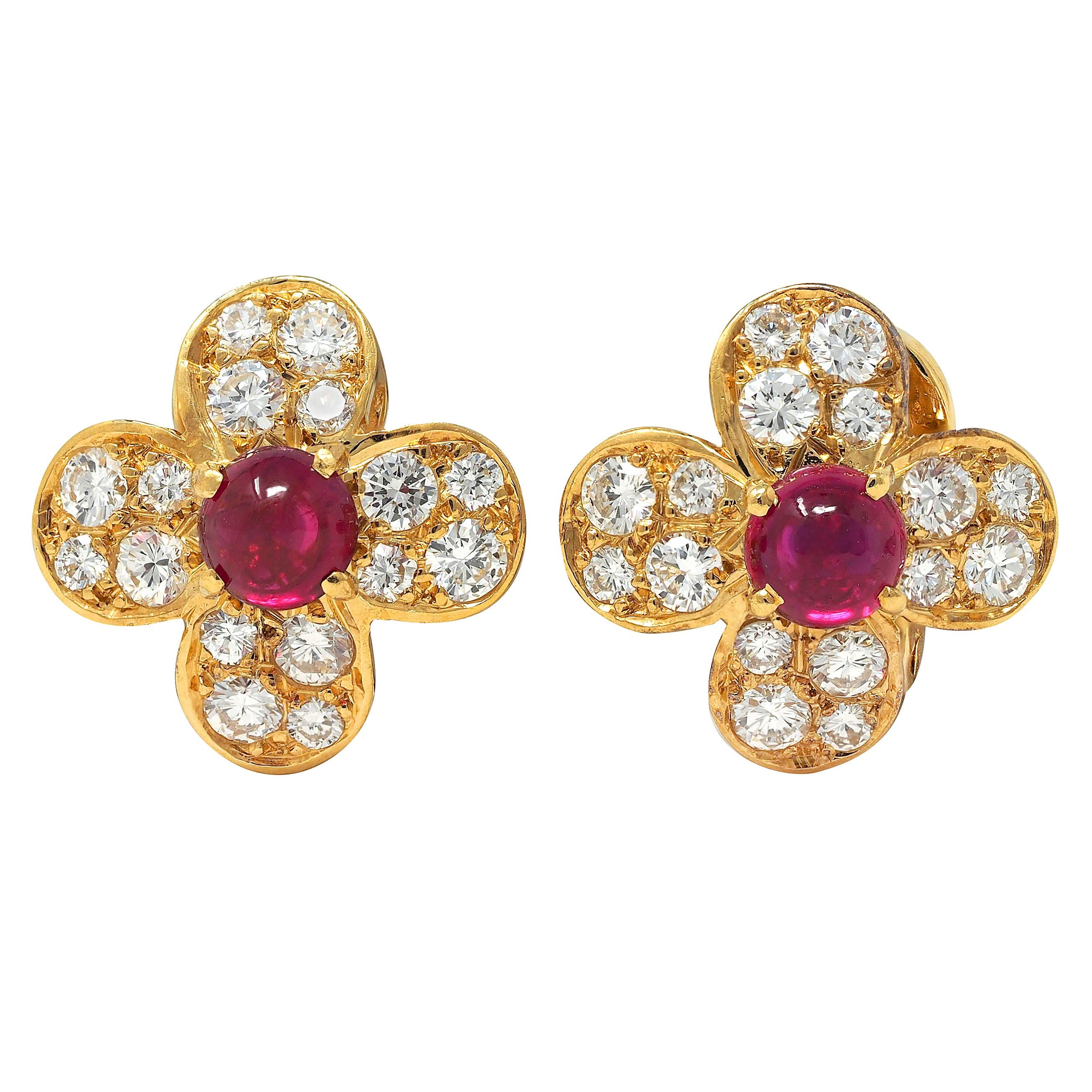 Van Cleef & Arpels French Ruby Diamond 18K Gold Alhambra Ear-Clip Earrings