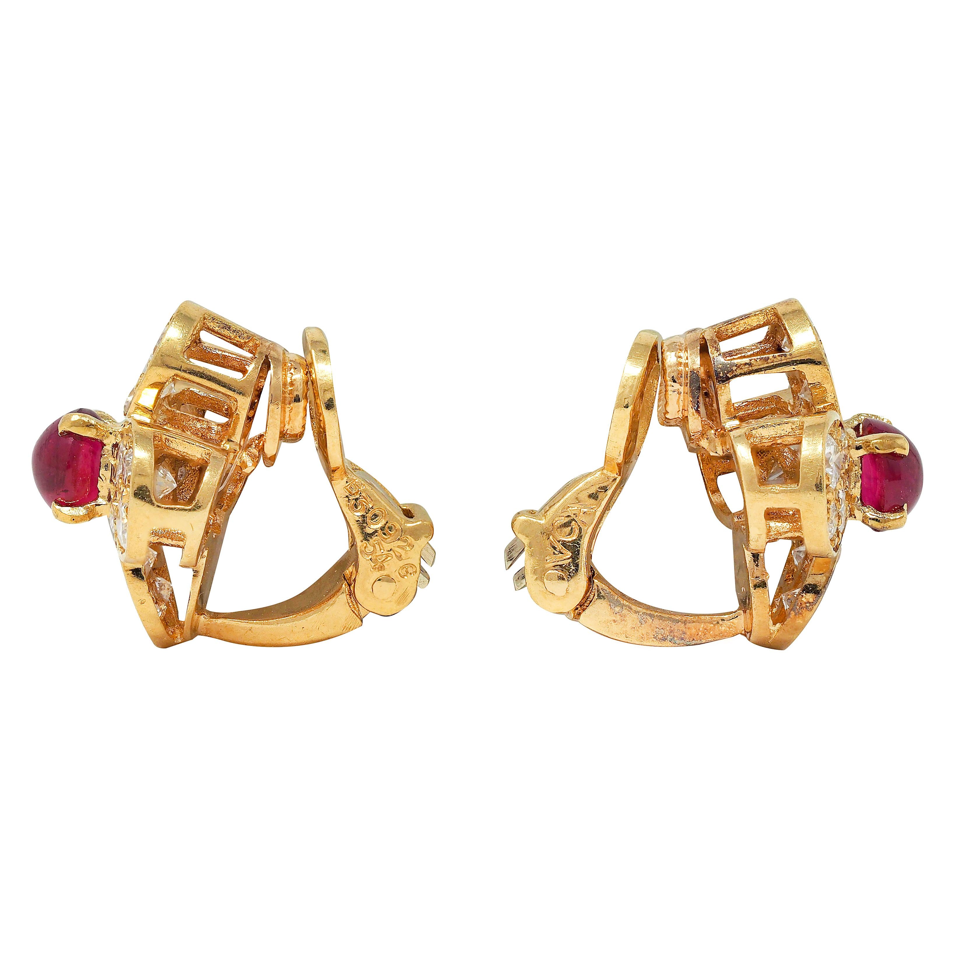 Van Cleef & Arpels French Ruby Diamond 18K Gold Alhambra Ear-Clip Earrings