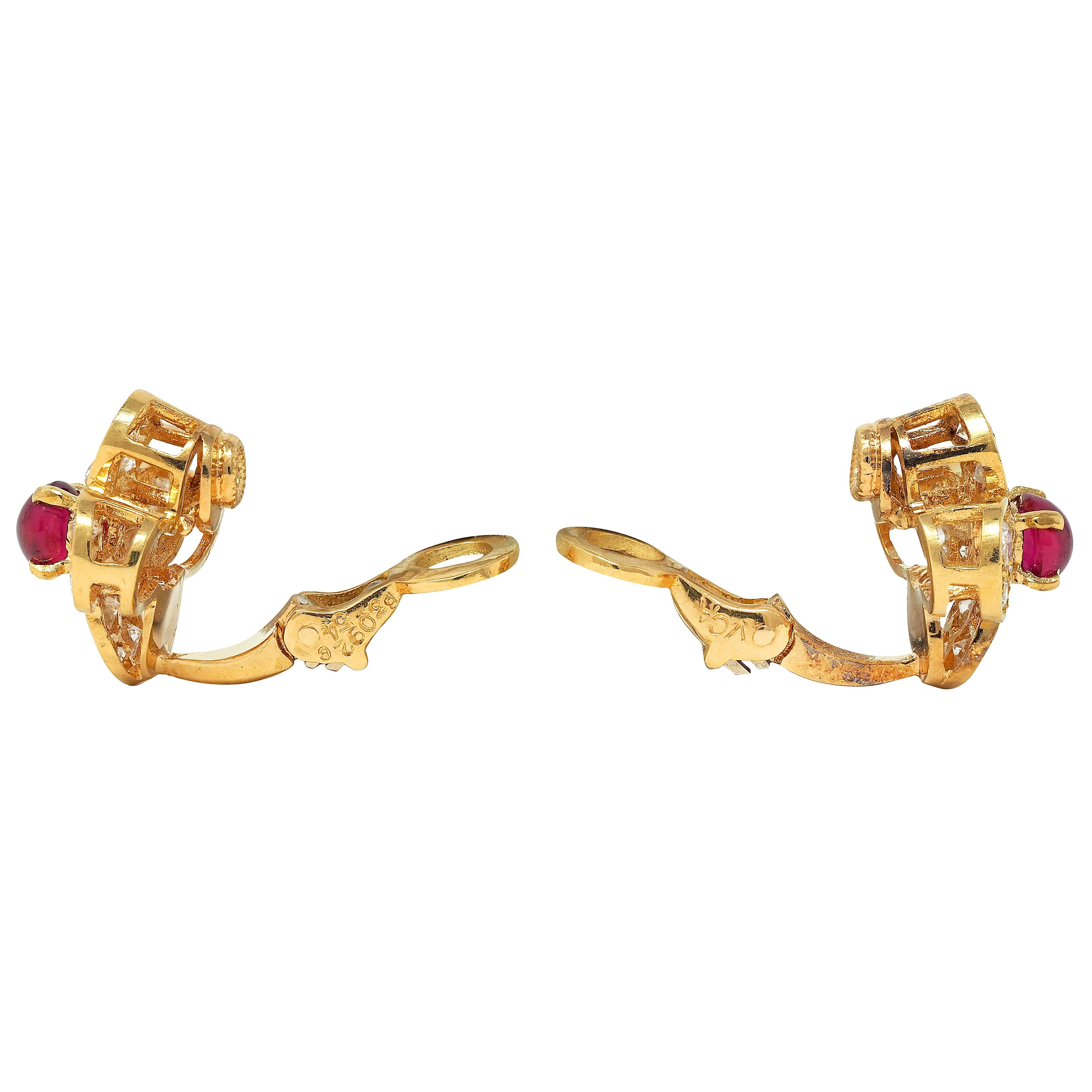 Van Cleef & Arpels French Ruby Diamond 18K Gold Alhambra Ear-Clip Earrings