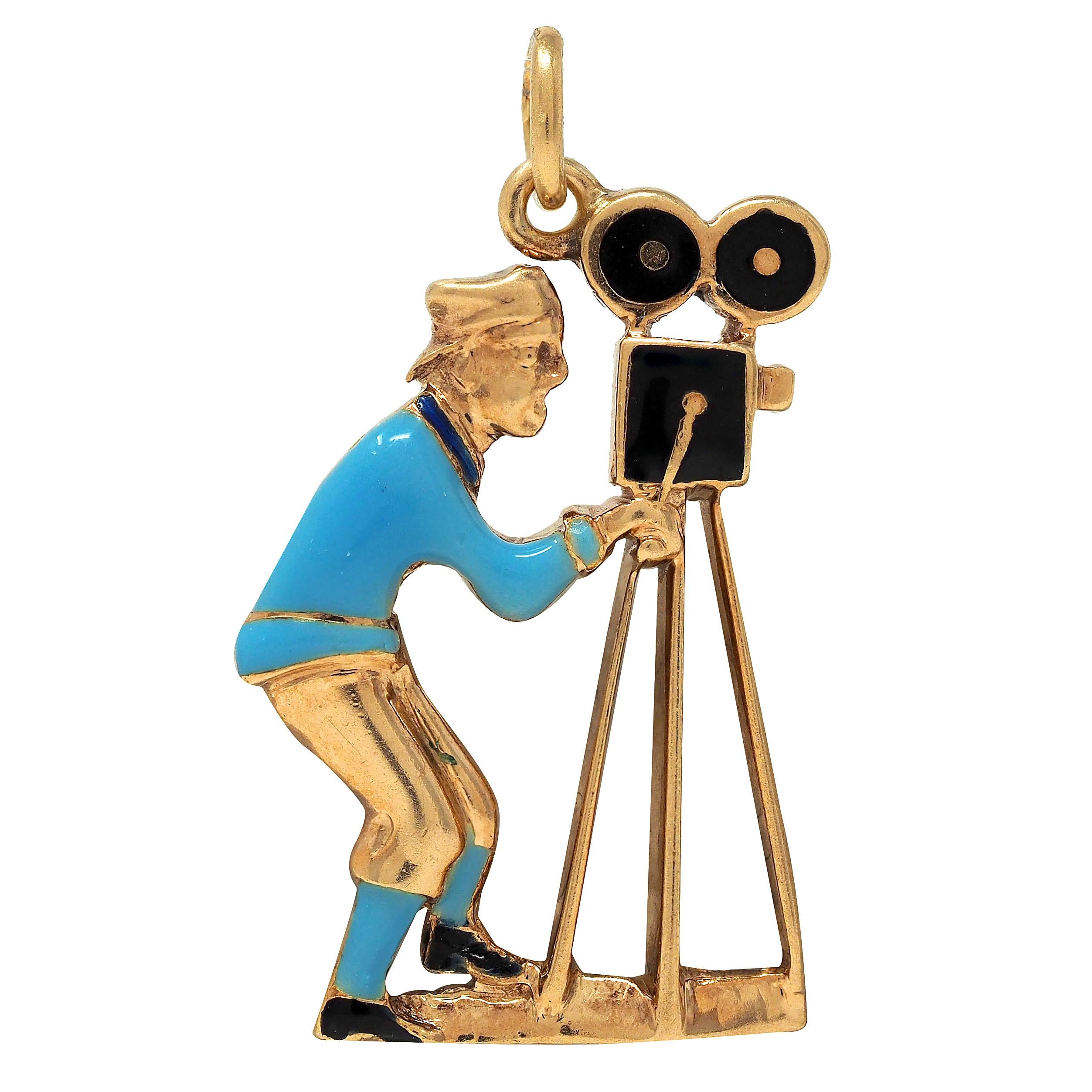 1960's Enamel 14 Karat Yellow Gold Vintage Film-Camera Man Charm