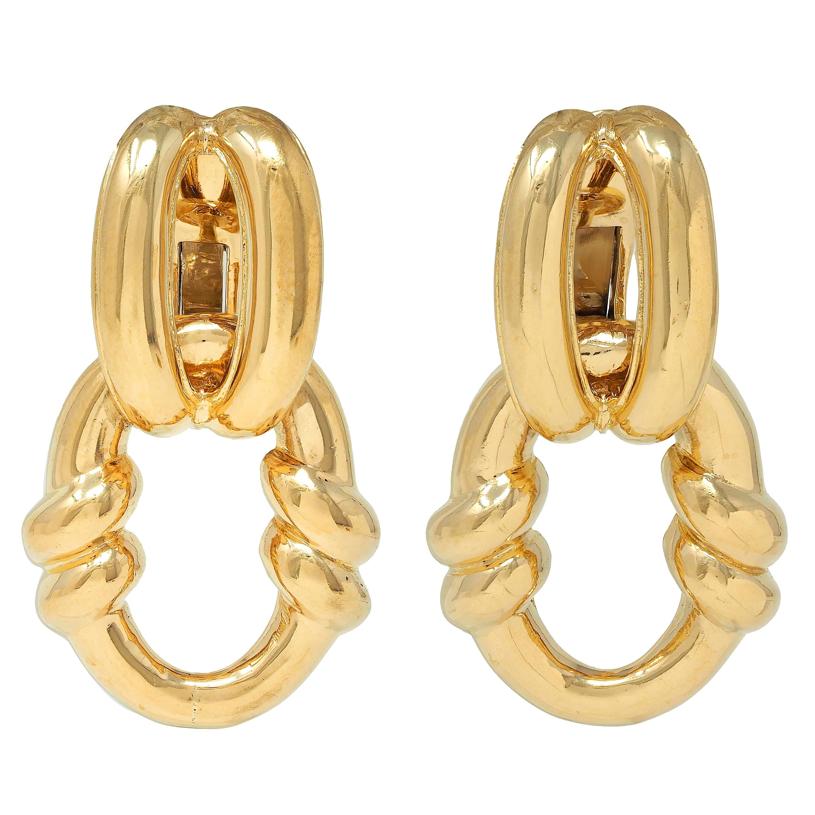 David Webb 1980's 18 Karat Yellow Gold Vintage Door Knocker Ear-Clip Earrings