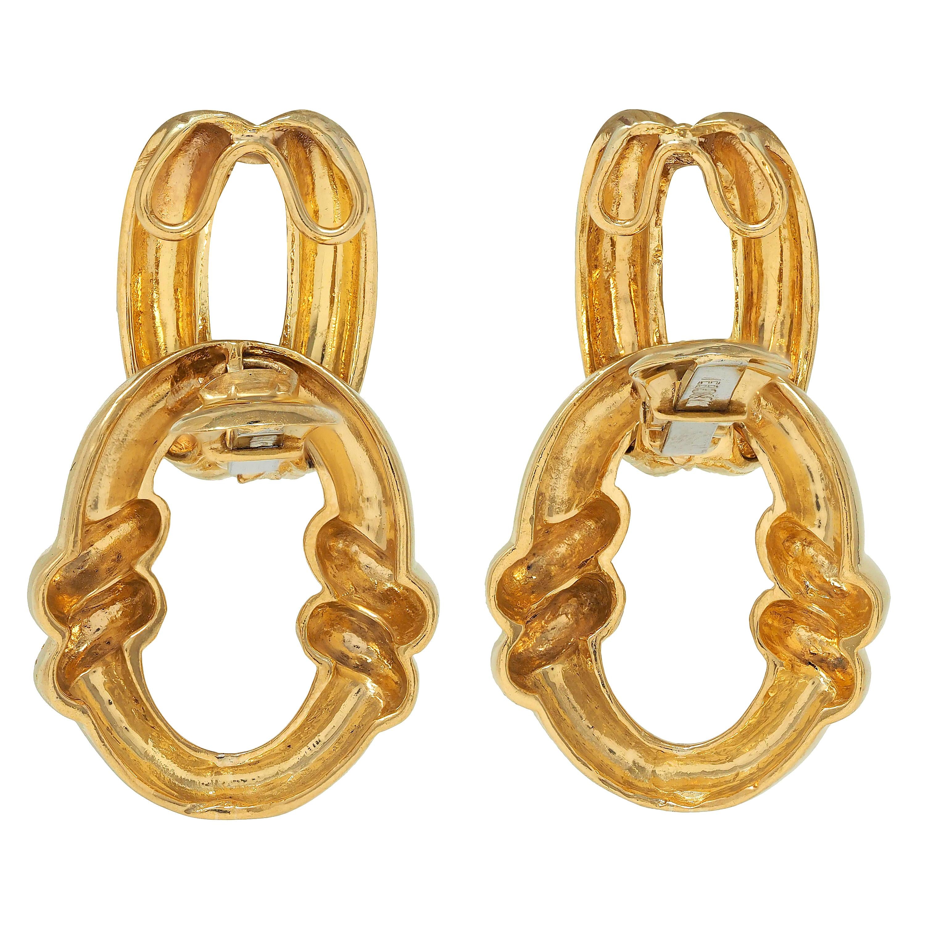 David Webb 1980's 18 Karat Yellow Gold Vintage Door Knocker Ear-Clip Earrings