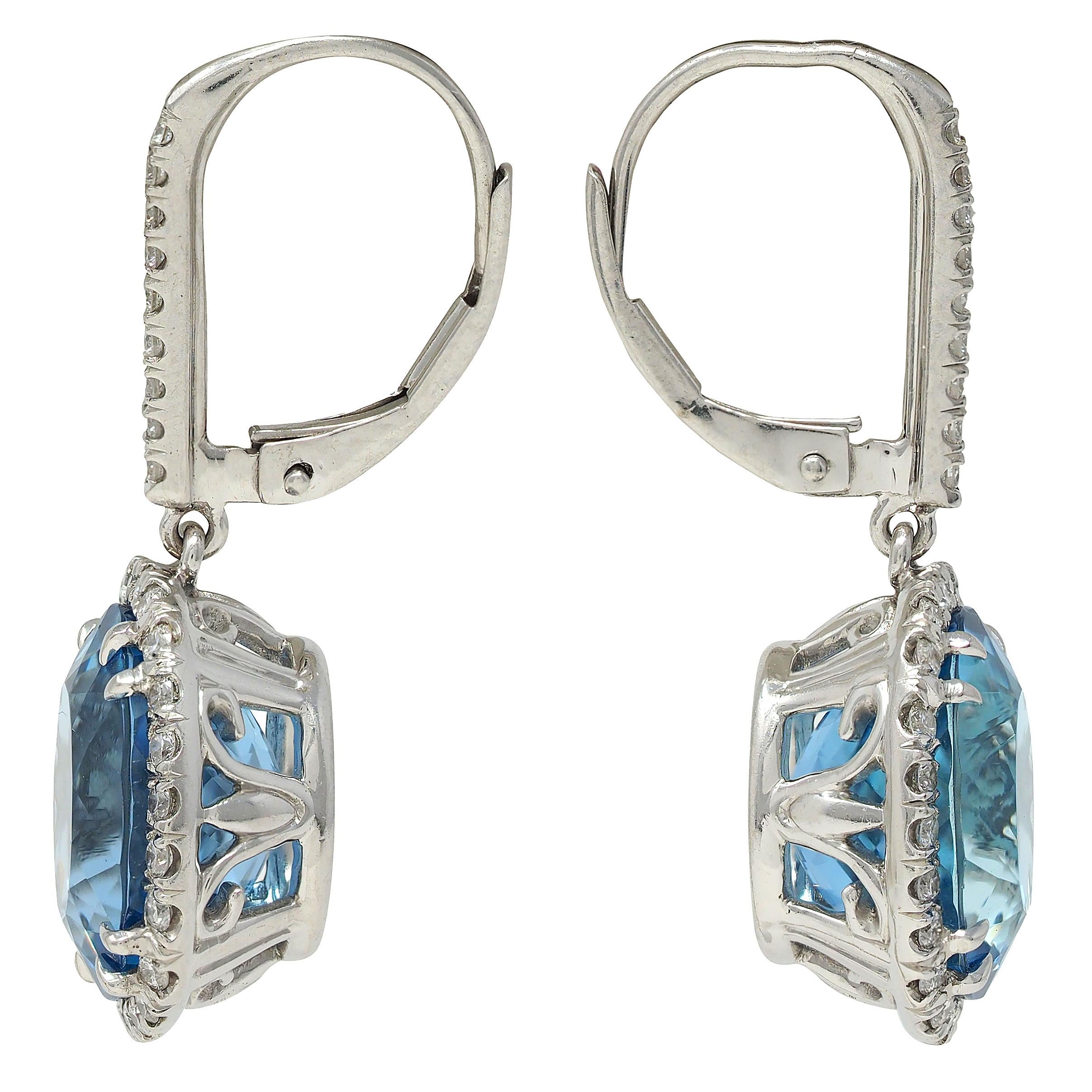 Contemporary 9.28 CTW Aquamarine Diamond Platinum Halo Drop Earrings