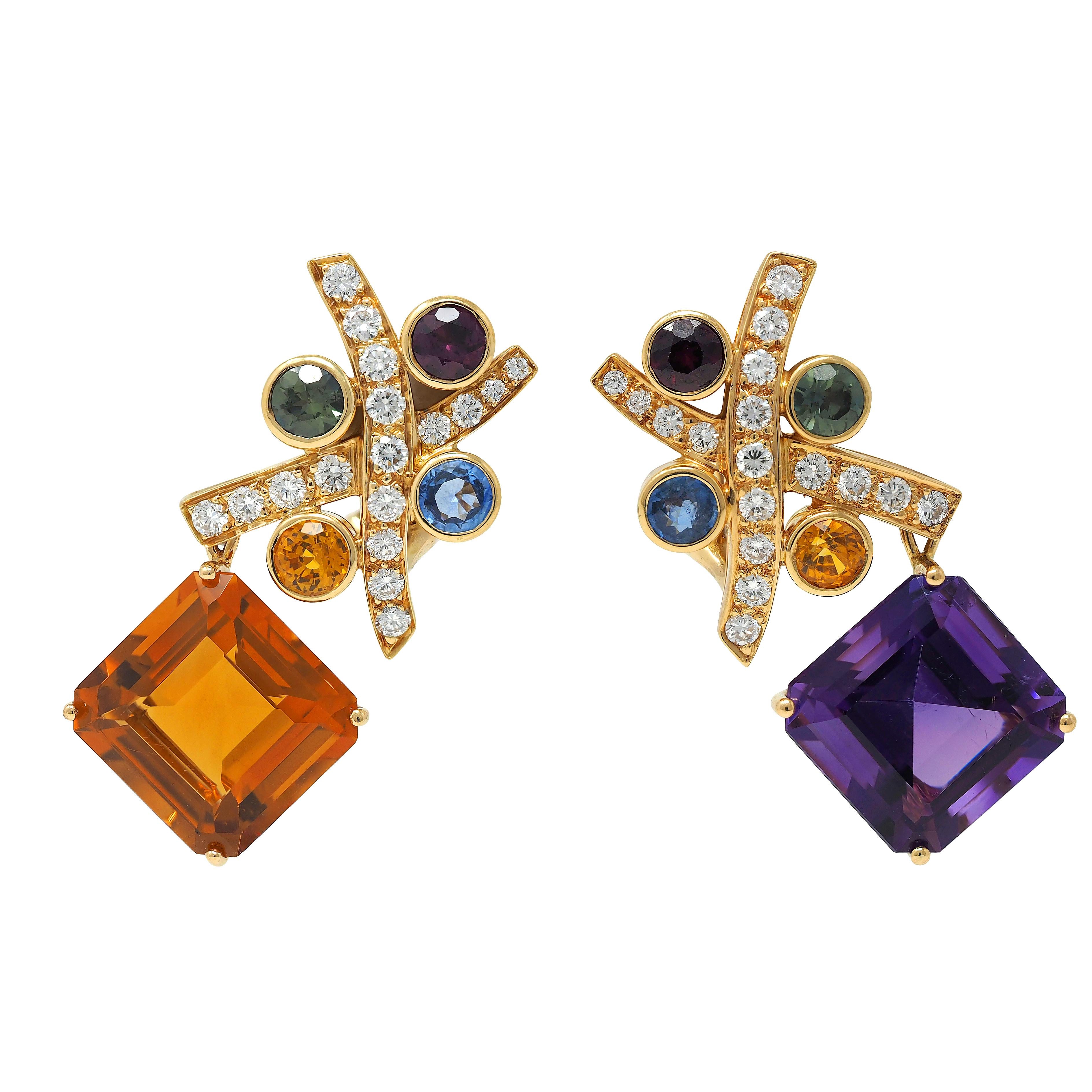 Tiffany & Co Paloma Picasso 1985 Multi-Gem 18K Gold Convertible Vintage Earrings