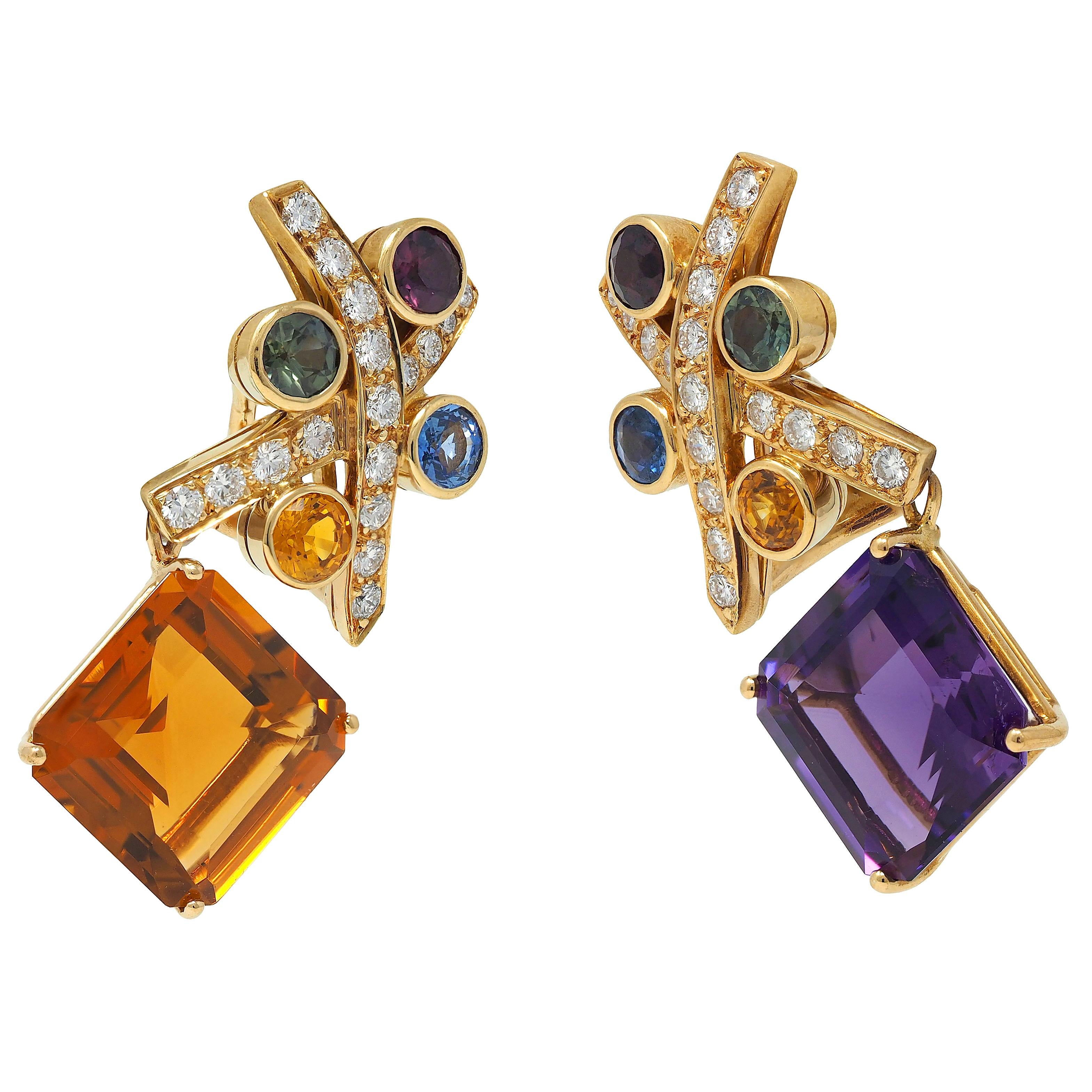 Tiffany & Co Paloma Picasso 1985 Multi-Gem 18K Gold Convertible Vintage Earrings