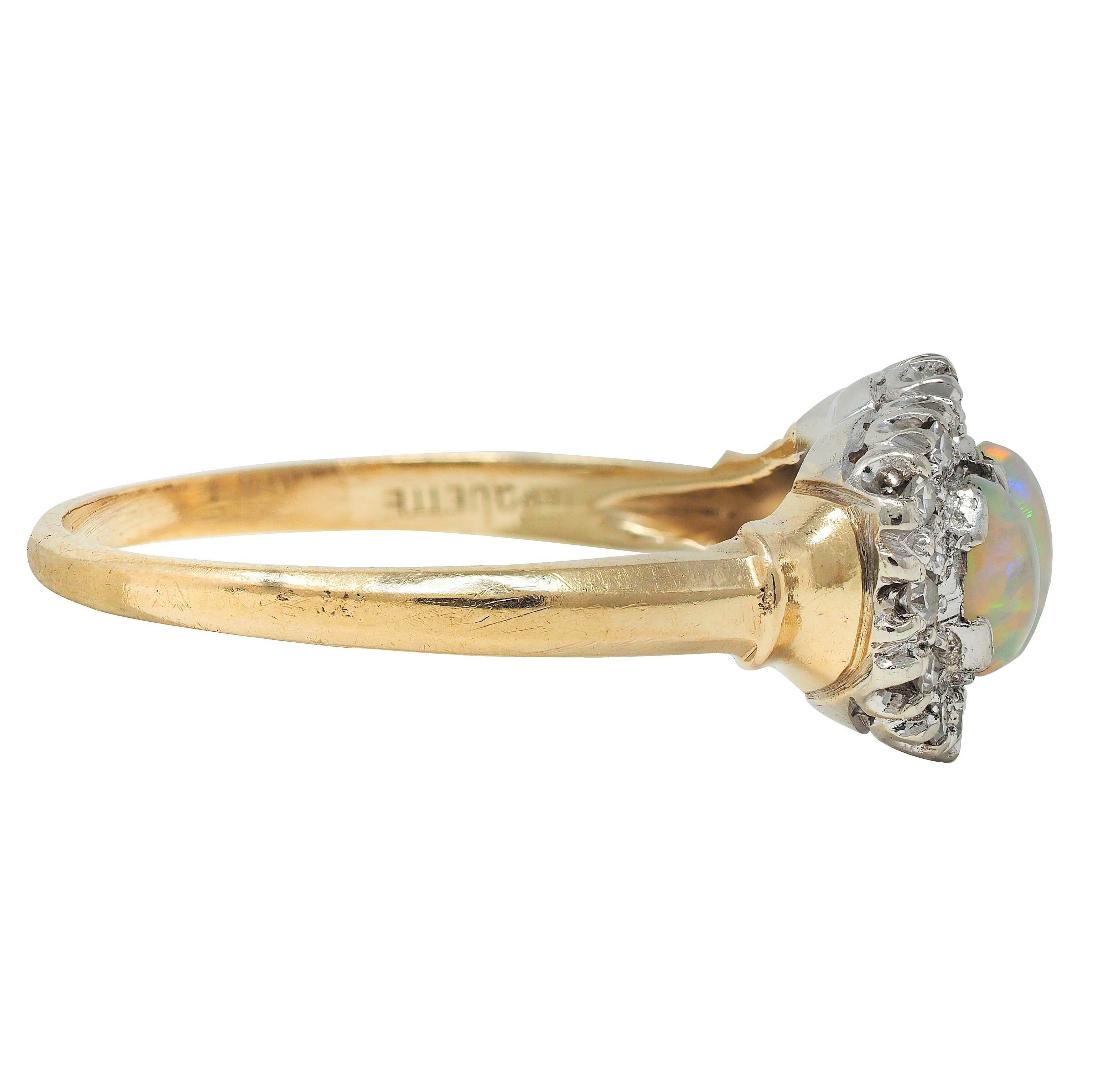 1950's Opal Cabochon Diamond 14 Karat Two-Tone Gold Vintage Halo Ring