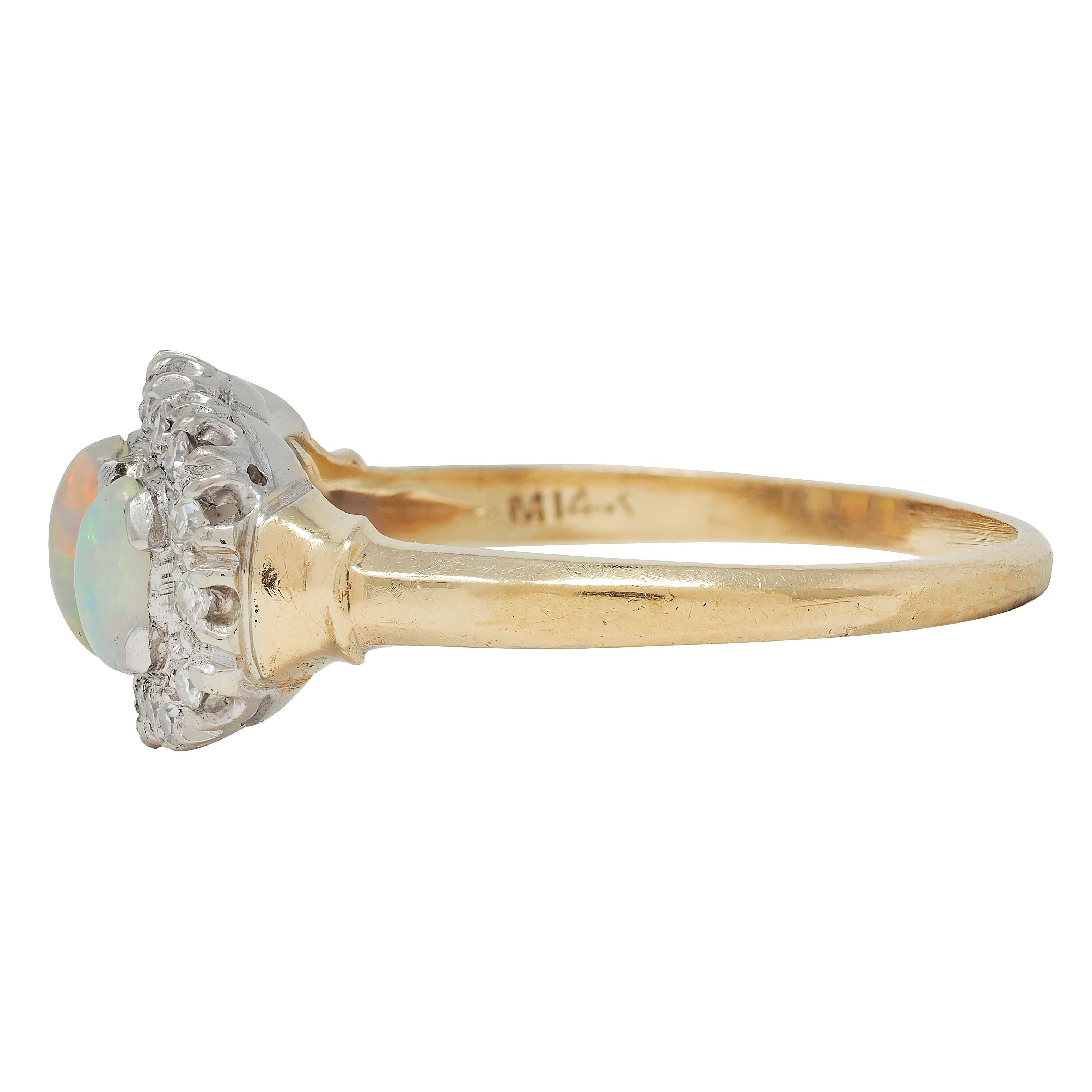 1950's Opal Cabochon Diamond 14 Karat Two-Tone Gold Vintage Halo Ring