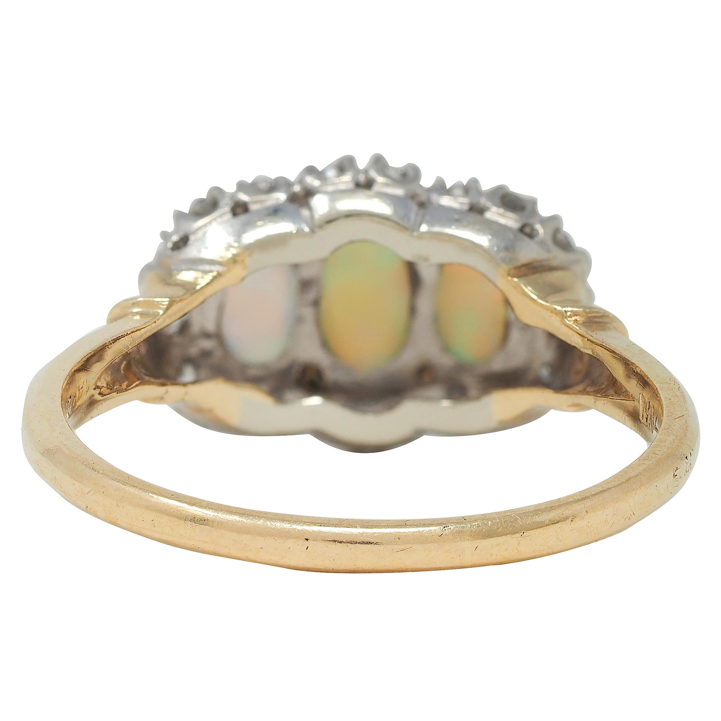 1950's Opal Cabochon Diamond 14 Karat Two-Tone Gold Vintage Halo Ring