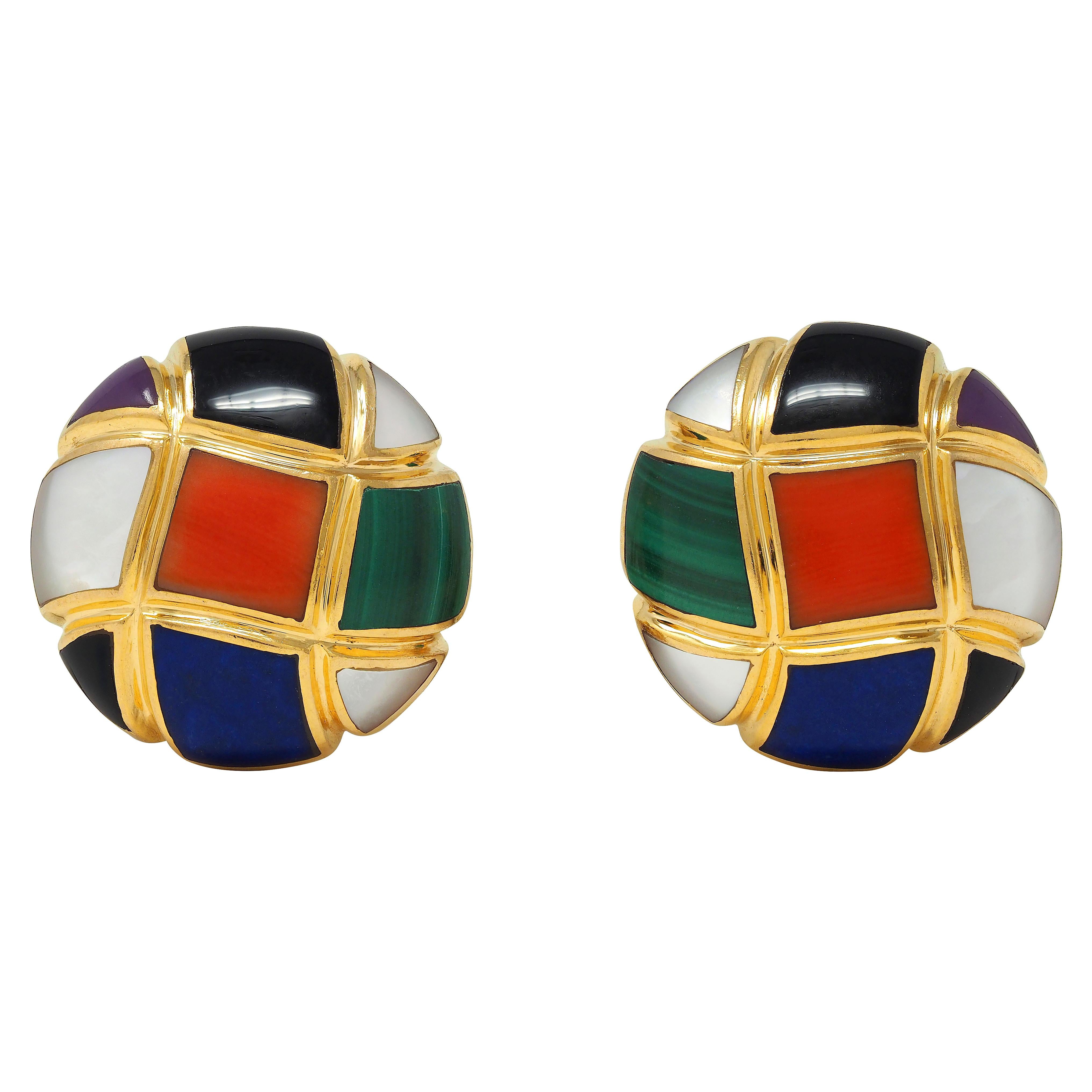 Asch Grossbardt 1980s Multi-Gem 14 Karat Yellow Gold Vintage Dome Inlay Earrings