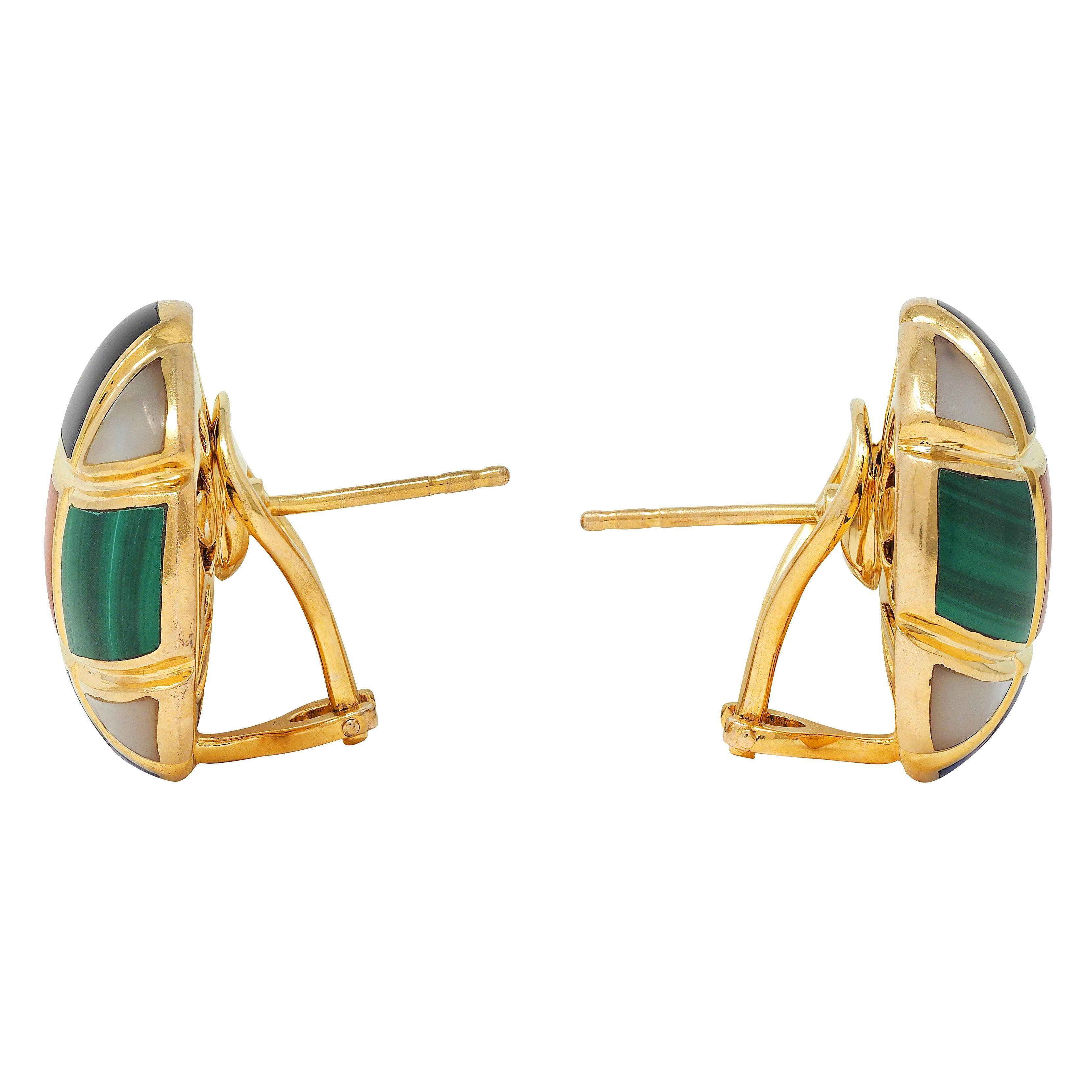 Asch Grossbardt 1980s Multi-Gem 14 Karat Yellow Gold Vintage Dome Inlay Earrings