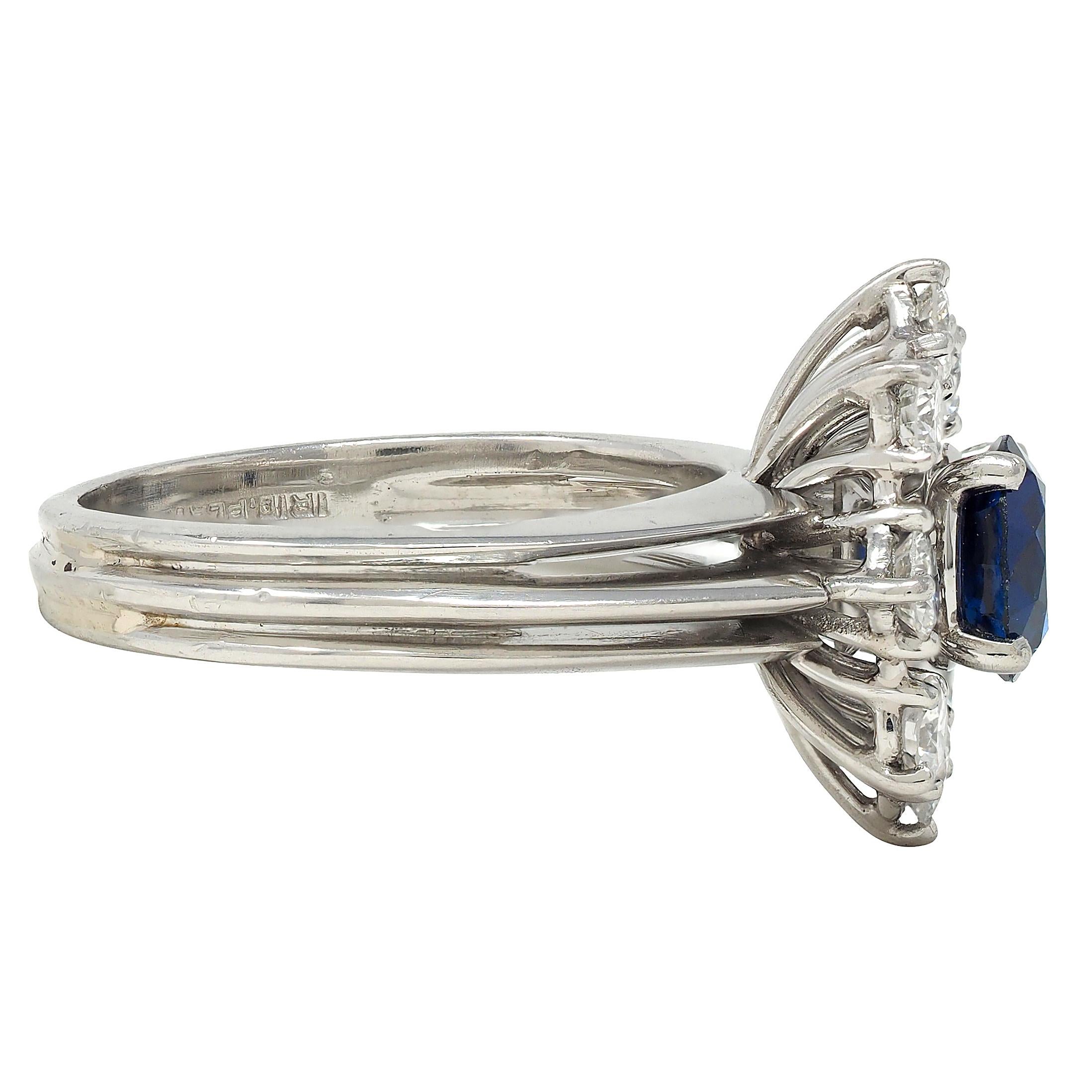 Mid-Century 1.30 CTW Sapphire Diamond Platinum Vintage Halo Ring